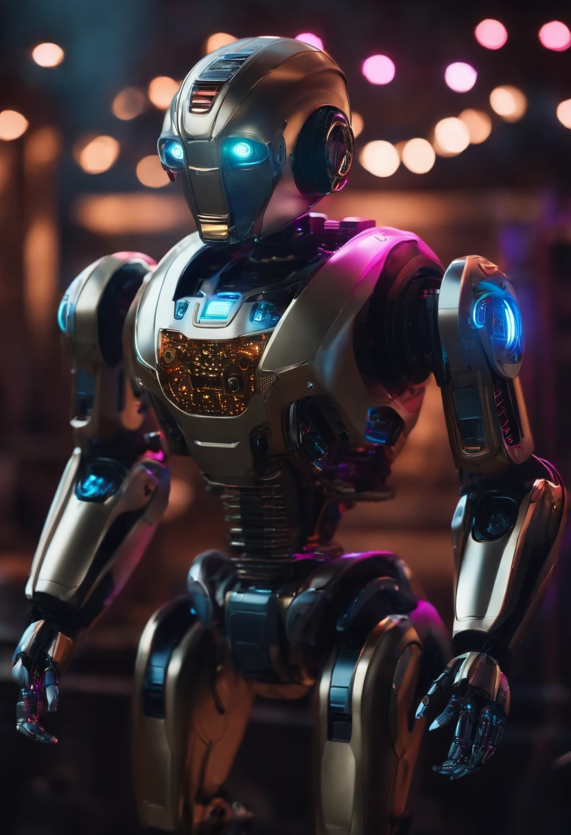 Create a realistic mini robot using a technological panel, a noite, com neon