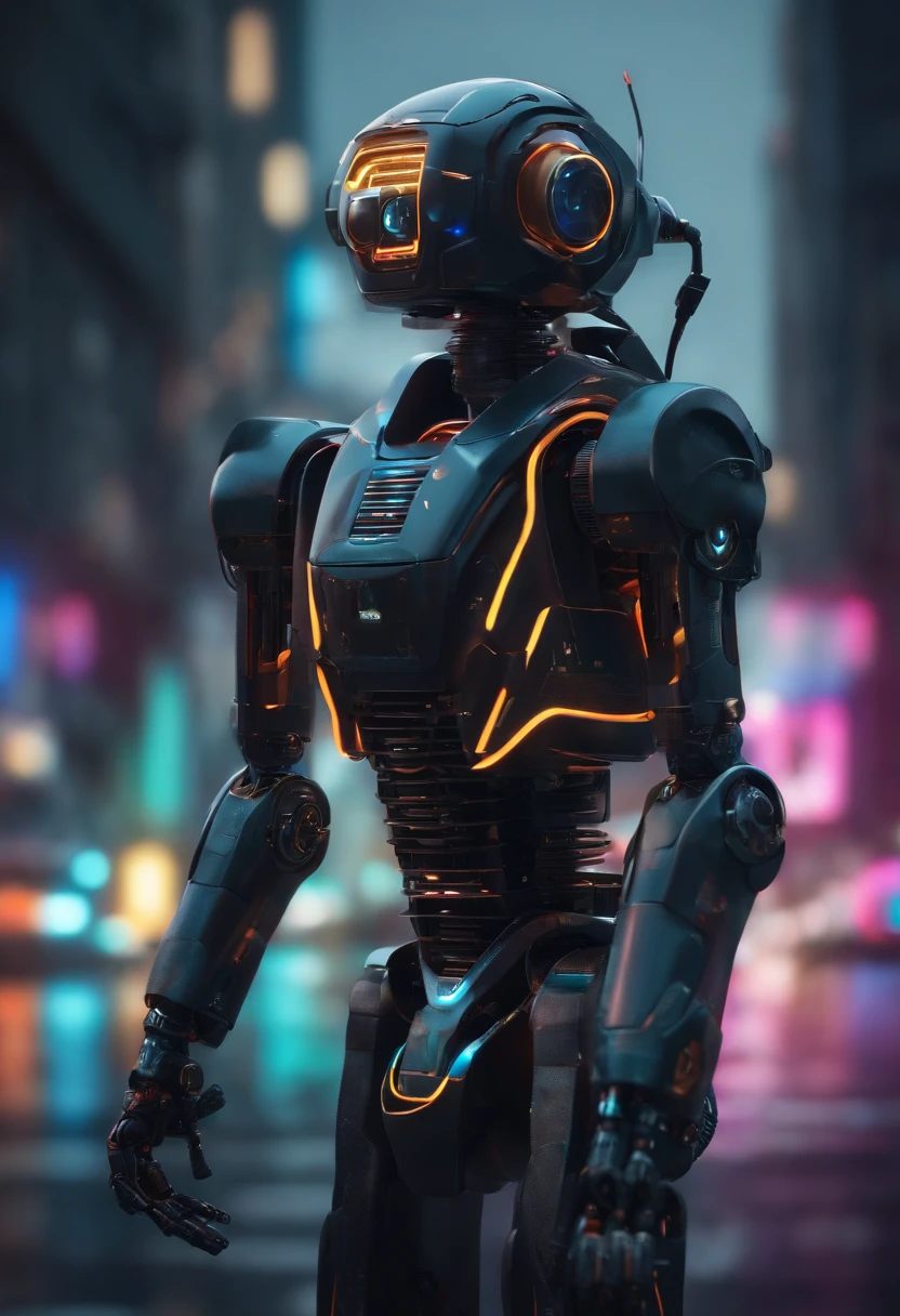 Create a realistic mini robot using a technological panel, a noite, com neon