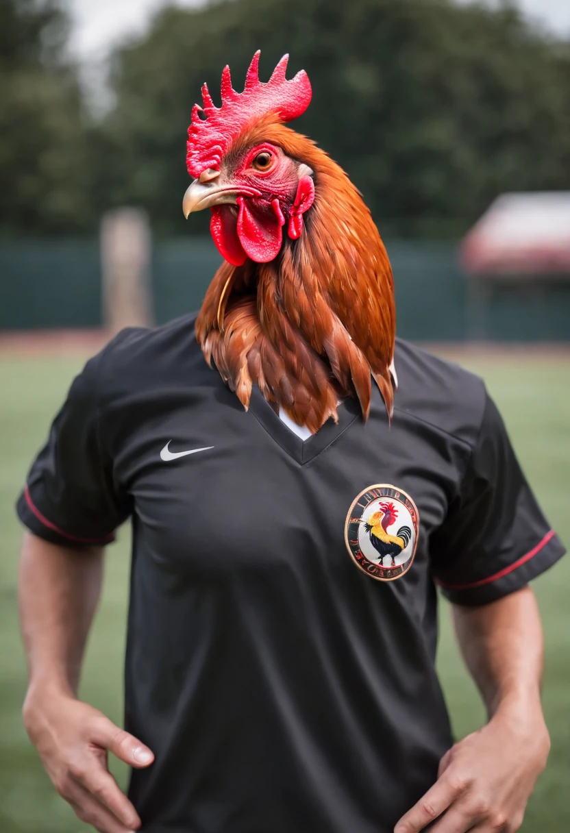 (black shirt,product image,football team shirt,shirt background,4k,UHD,with a rooster in the chest,hyper realistic)