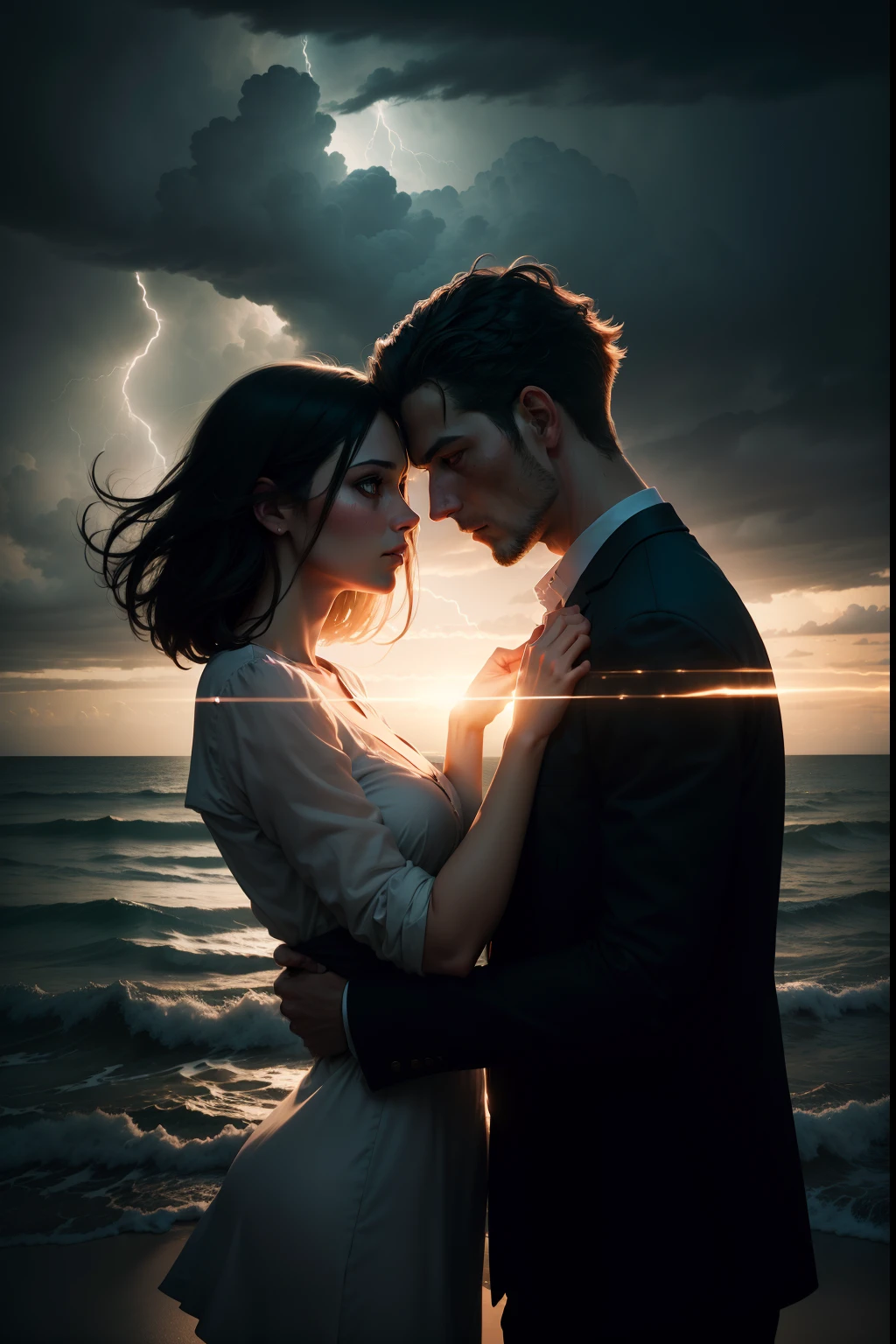 Create an engaging double exposure photograph that seamlessly merges the presence of a man and the storms and heartbreak. Capture the internal turbulence between the human form and the world's life situations, using light and shadow to accentuate their connection and create a visually stunning narrative.