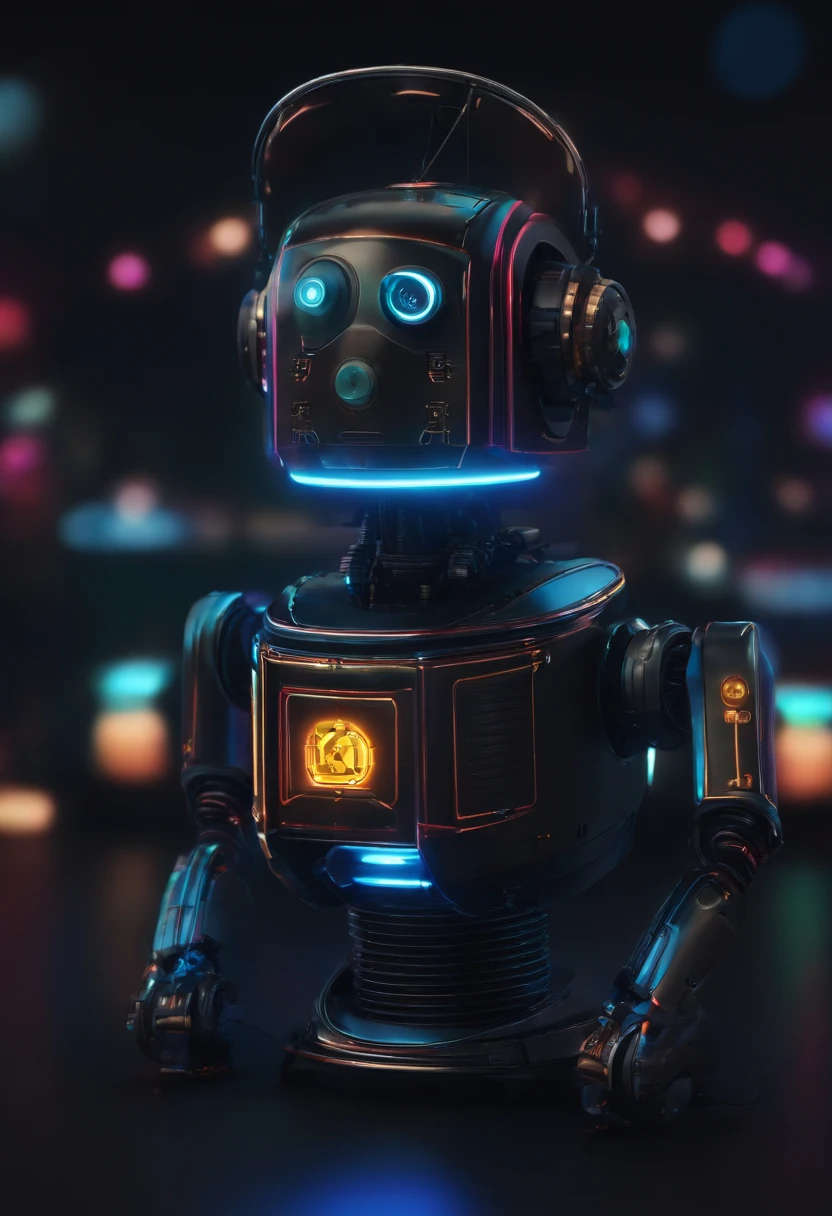 Create a realistic mini robot using a technological panel, a noite, com neon, fundo preto