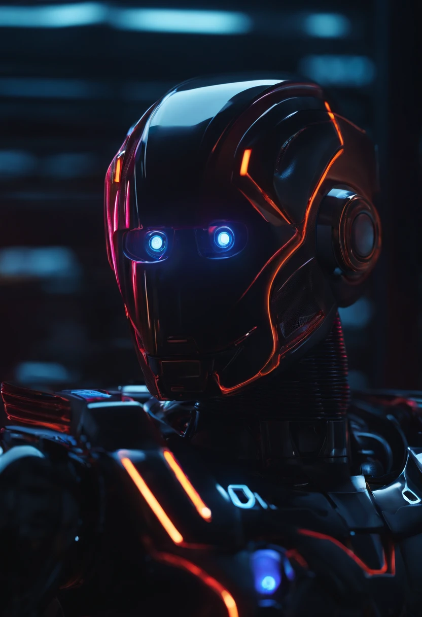 Create a realistic mini robot using a technological panel, a noite, com neon, fundo preto