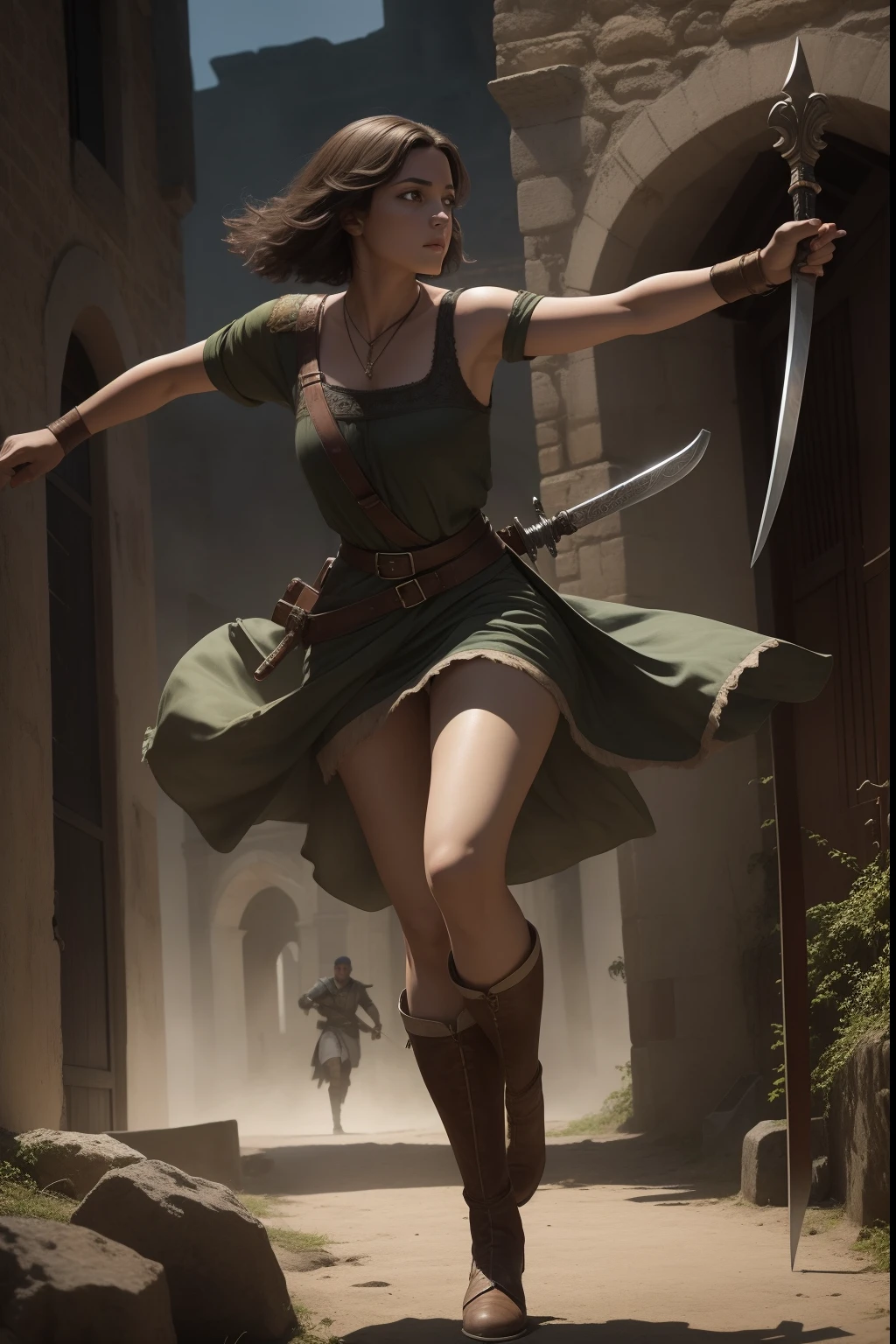 (SFW) Jovem mulher, short hair trimmed to the shoulders, cabelo"ruivo", olhos verdes claros,sensual,bonita, Adventurous woman in 15th-century France, wearing men's clothing of the time, incluso bota salto Over The Knee camurça, arrogante, suado, respingo de sangue, Running desperately with a sharp rapier sword in one hand heading for the battlefield,(detalhada)(natural lightting) cinematographic scene, arte inspirada Hal Foster