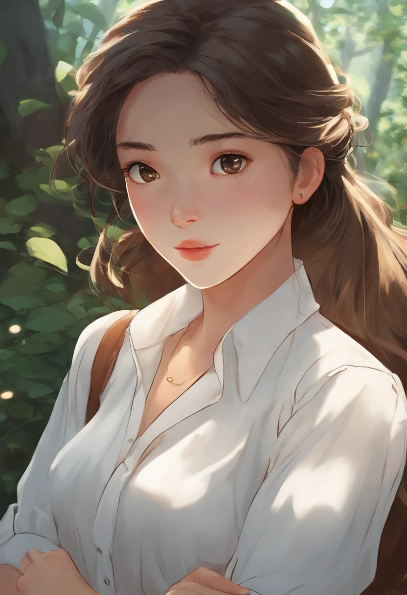 A girl,close up, wearing white shirt, (best quality:1.3), (highres:1), (detailed:1.3), (incredible:1.3), (perfect:1.3), (perfection:1.3), (volume cover art:0), (illustration:1.3), art by studio ghibli