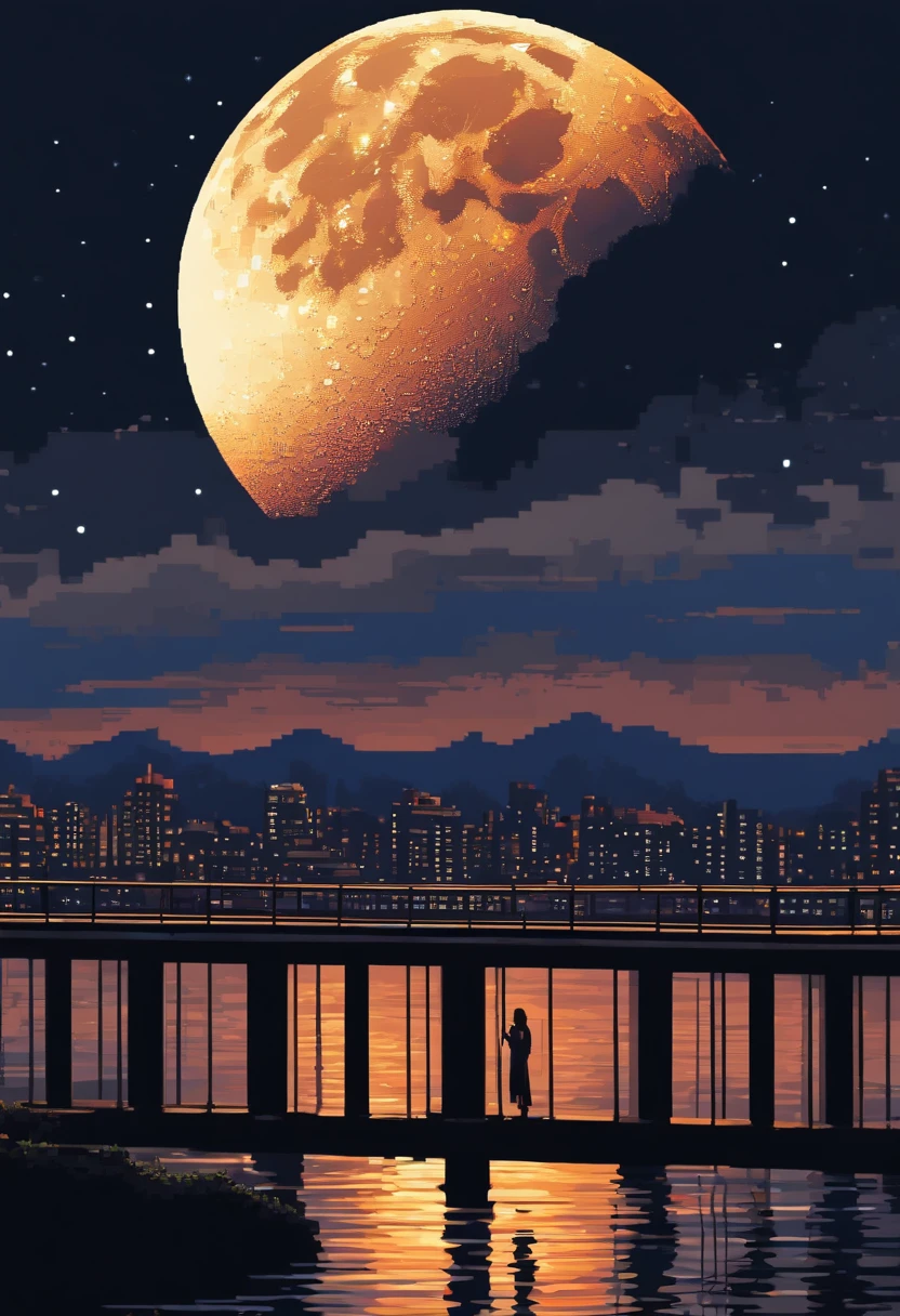 Pixel art of a huge moon rising on the calm sea, beautiful detailed pixel art, detailed pixel,girl watching a city from a bridge,fine pixel art