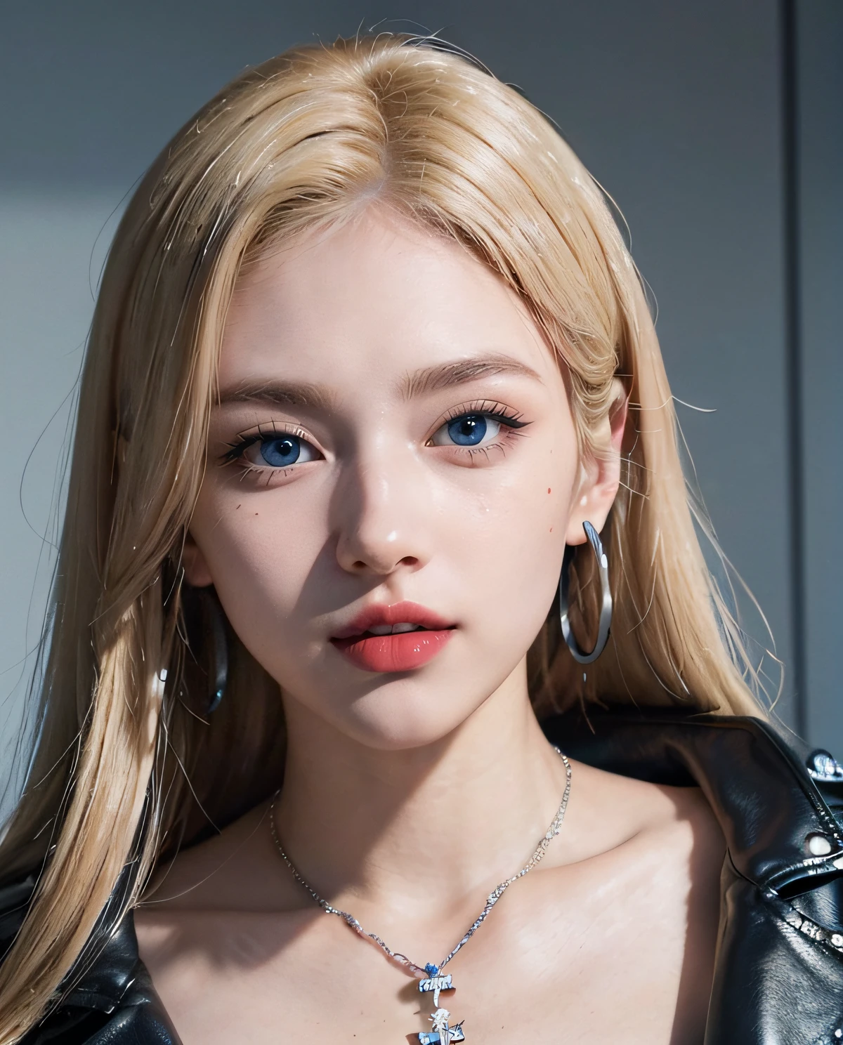 1girl, (Blue Eyes), smiling, (Sana Minatozaki), wide hips, Big Boobs, big ass, (Best Quality, 8k, Masterpiece: 1.3), Clear Focus: 1.2, Perfect Body Beauty: 1.4 , Slender Abs: 1.2, Highly detailed face and skin texture, detailed eyes, double eyelids, (extreme close-up at face:1.4), (red lips), (blonde long hair), (skull necklace), (sparkly earrings), (white tanktop and black leather jacket)