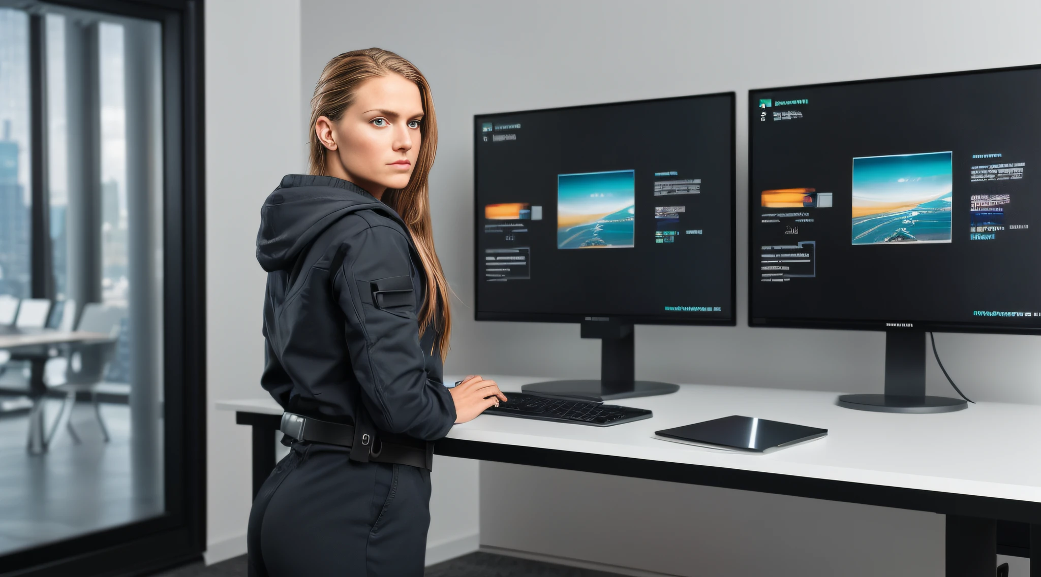 1girl, epic photograph of a woman presenting a computer put on a table, stood up, hacker suit, (futuristic:1.1), (hyperrealism:1.2), (8K UHD:1.2), (photorealistic:1.2), shot with Canon EOS 5D Mark IV, detailed face, detailed hair, perfect eyes, office room, ektachrome, Fujifilm XT3