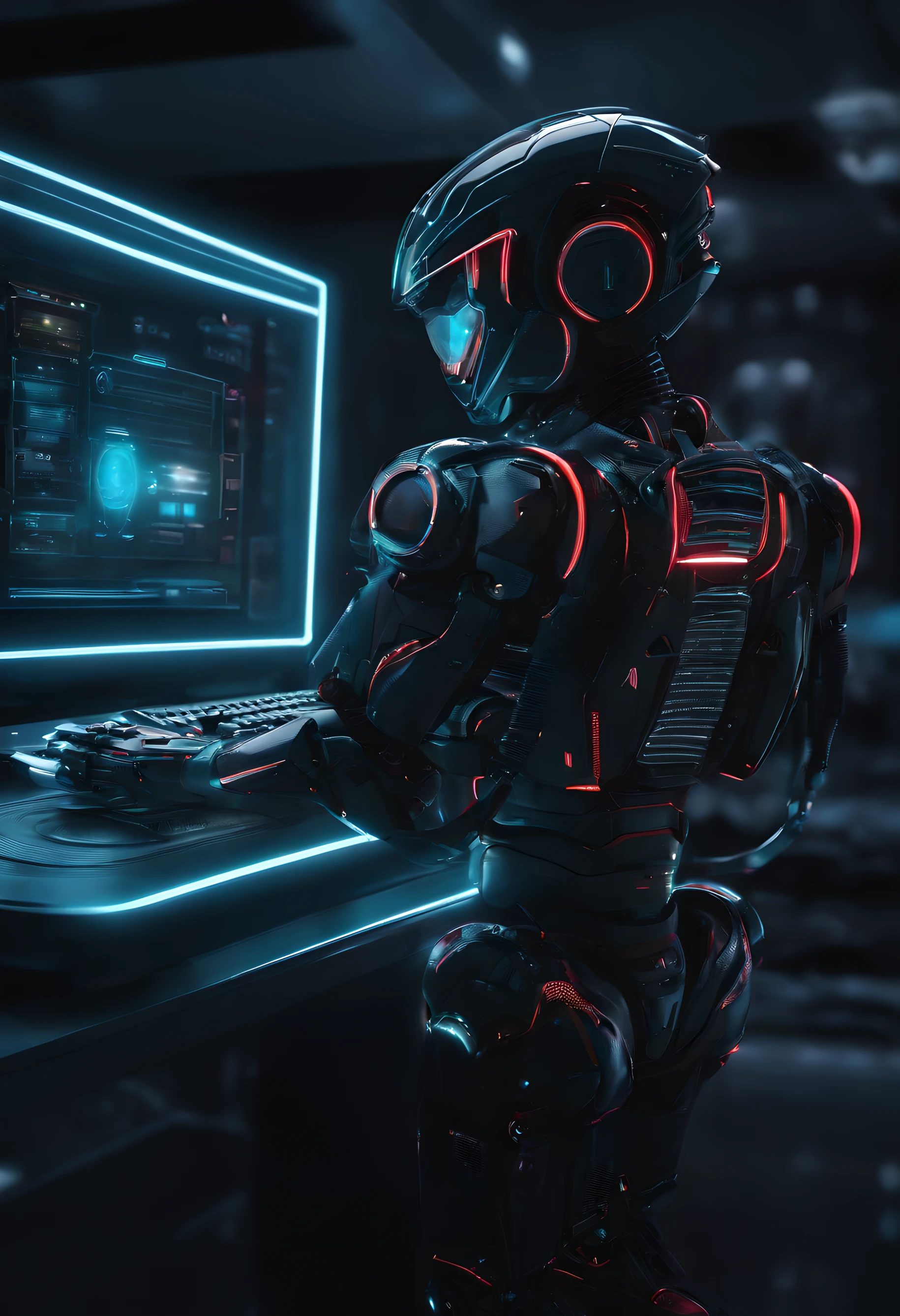 Create a realistic mini robot using a technological panel, a noite, com neon, fundo preto
