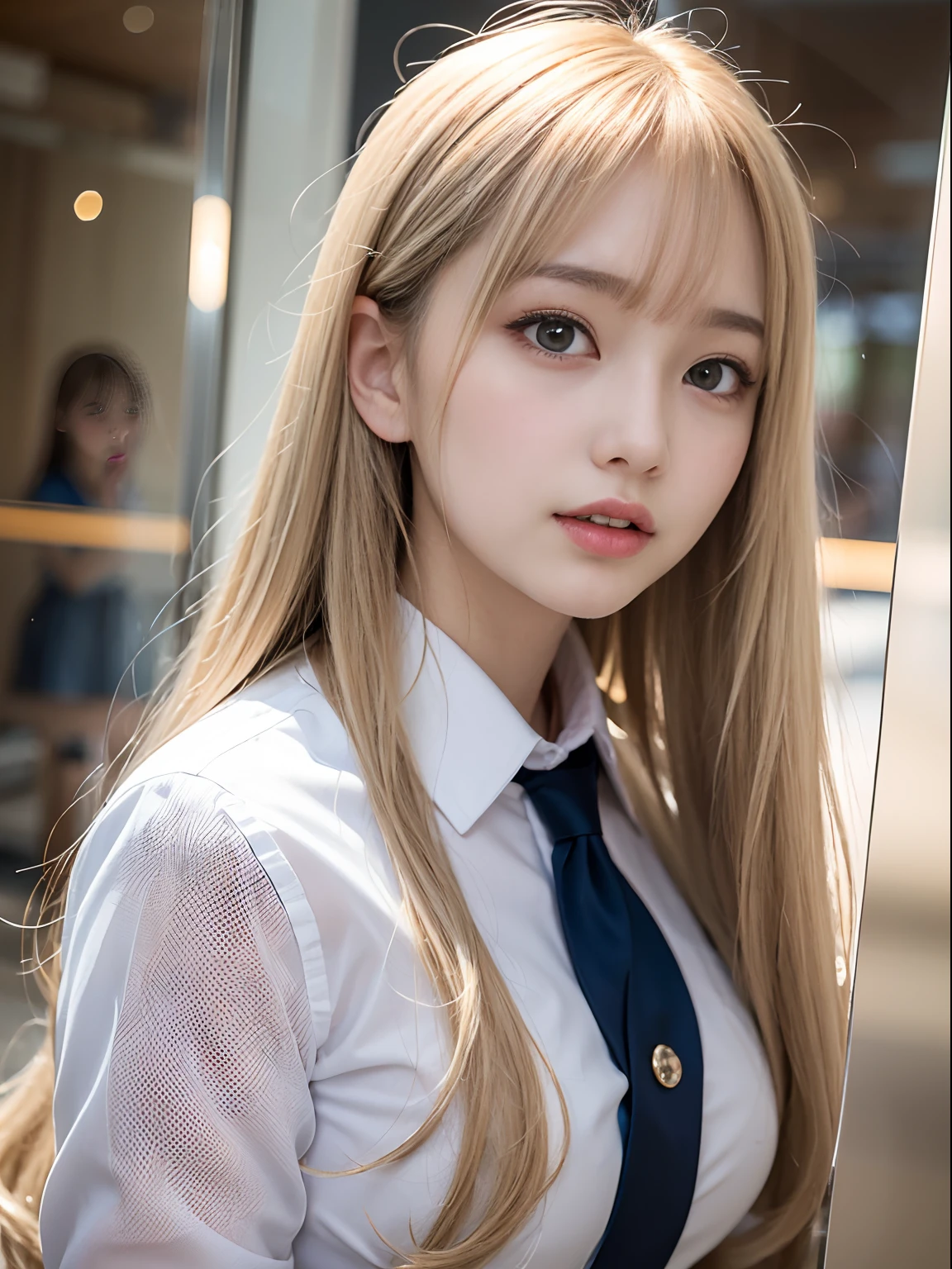 portlate、School Uniforms、bright expression、Young shiny shiny white shiny skin、Best Looks、Blonde reflected light、Platinum blonde hair with dazzling highlights、shiny light hair,、Super long silky straight hair、Beautiful bangs that shine、Glowing crystal clear attractive big blue eyes、Very beautiful nice cute 16 year old girl、Lush bust、