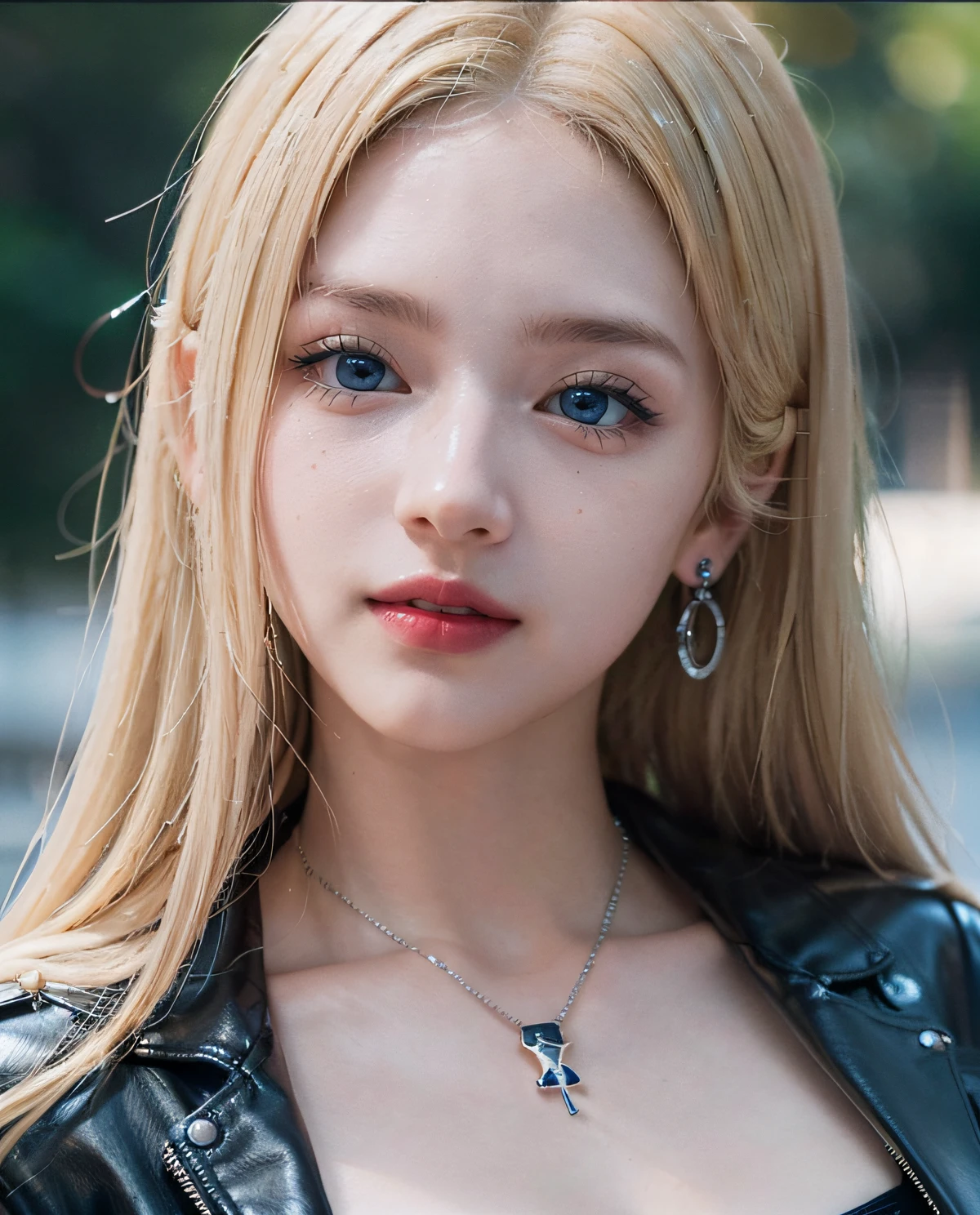 1girl, (Blue Eyes), smiling, (Sana Minatozaki), wide , Big , big , (Best Quality, 8k, Masterpiece: 1.3), Clear Focus: 1.2, Perfect Body Beauty: 1.4 , Slender Abs: 1.2, Highly detailed face and skin texture, detailed eyes, double eyelids, (extreme close-up at face:1.4), (red lips), (blonde long hair), (skull necklace), (sparkly earrings), (white tanktop and black leather jacket)
