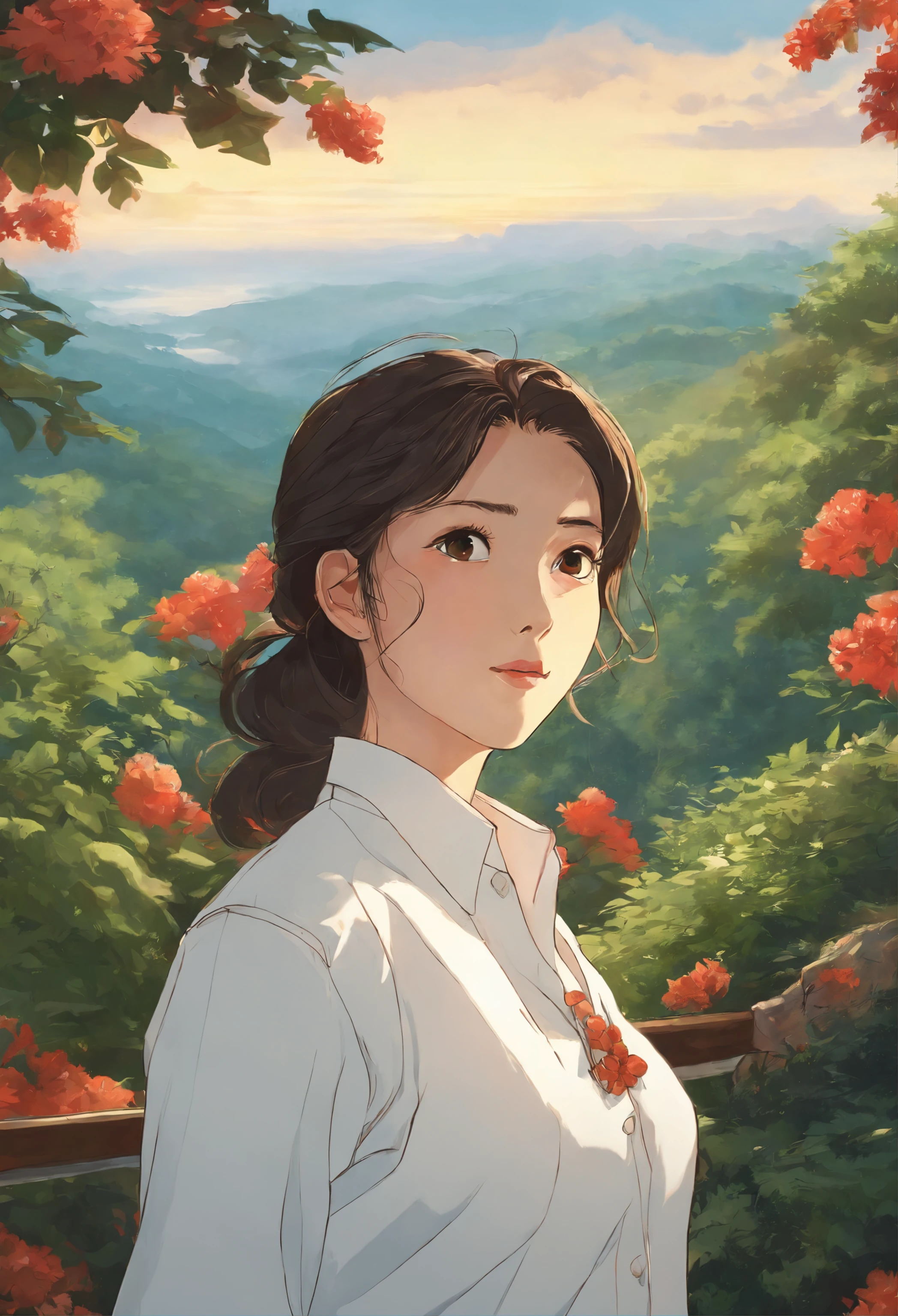A girl,close up, wearing white shirt, (best quality:1.3), (highres:1), (detailed:1.3), (incredible:1.3), (perfect:1.3), (perfection:1.3), (volume cover art:0), (illustration:1.3), art by studio ghibli