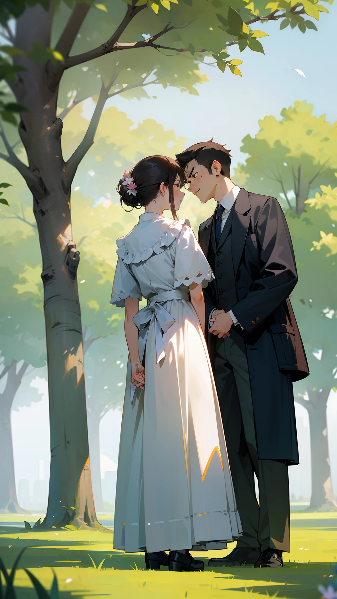 ((Masterpiece,Best quality,modern)), Screen description:A man and a woman stand on the grass of a park,The man's expression was angry,The woman's expression was helpless and confused。There was an open bottle of vinegar between them,The smell of vinegar fills the air。There were some people watching,Their expressions were full of curiosity and doubt。The trees and flowers in the park also reflect this tense atmosphere。