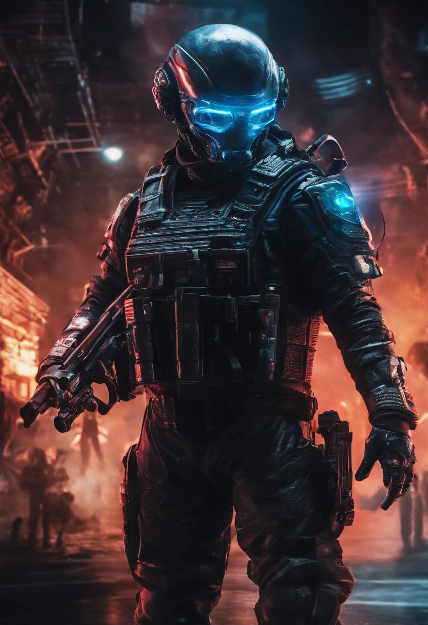 Skull-faced policeman wearing balacrava, bright burning eyes, holding super crafted weapons, super realistic weapons, super detailed weapon, original weaponry, official weaponry, assault rifle weaponry with all realistic details, burning penitentiary background, ultra-detailed background, Biomechanics, strange, scary, Nightmare, very bright colors, light particles, with bright light, Mshiff, Wallpaper art, hard line, ultra line, bold line, Wallpaper UHD, fluorescent image, no double face, no error.
