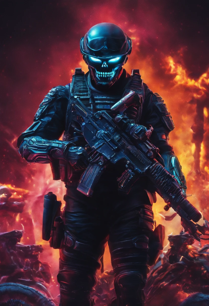 Skull-faced policeman wearing balacrava, bright burning eyes, holding super crafted weapons, super realistic weapons, super detailed weapon, original weaponry, official weaponry, assault rifle weaponry with all realistic details, burning penitentiary background, ultra-detailed background, Biomechanics, strange, scary, Nightmare, very bright colors, light particles, with bright light, Mshiff, Wallpaper art, hard line, ultra line, bold line, Wallpaper UHD, fluorescent image, no double face, no error.