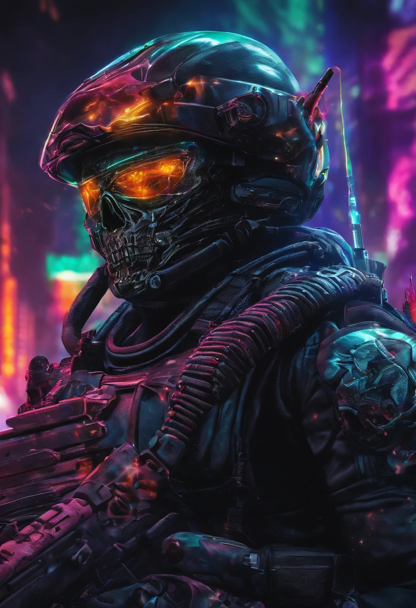 Skull-faced policeman wearing balacrava, bright burning eyes, holding super crafted weapons, super realistic weapons, super detailed weapon, original weaponry, official weaponry, assault rifle weaponry with all realistic details, burning penitentiary background, ultra-detailed background, Biomechanics, strange, scary, Nightmare, very bright colors, light particles, with bright light, Mshiff, Wallpaper art, hard line, ultra line, bold line, Wallpaper UHD, fluorescent image, no double face, no error.