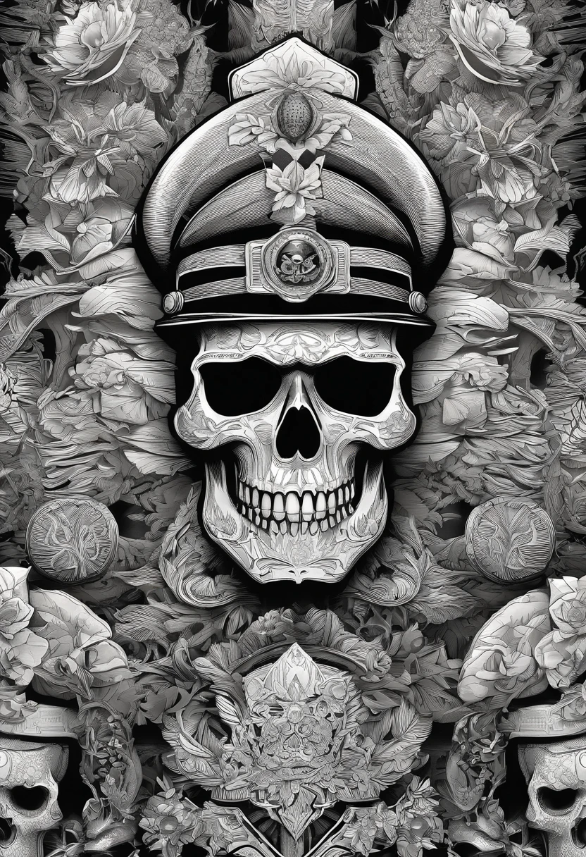 Skull-faced policeman wearing balacrava, bright burning eyes, holding super crafted weapons, super realistic weapons, super detailed weapon, original weaponry, official weaponry, assault rifle weaponry with all realistic details, burning penitentiary background, ultra-detailed background, Biomechanics, strange, scary, Nightmare, very bright colors, light particles, with bright light, Mshiff, Wallpaper art, hard line, ultra line, bold line, Wallpaper UHD, fluorescent image, no double face, no error.