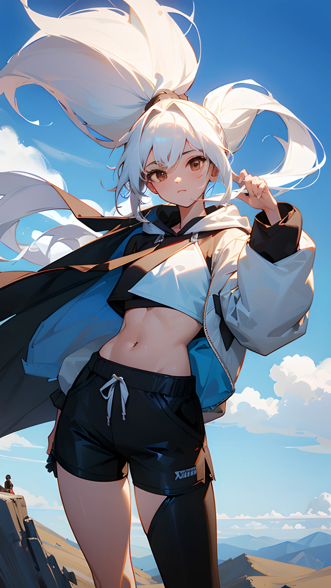 Woman with white hair , long hair , hair in a ponytail, brown eyes , large chest , Standing on top of a high mountain, blue sky , fluffy clouds , wind blowing , wearing a crop top hoodie , and black shorts