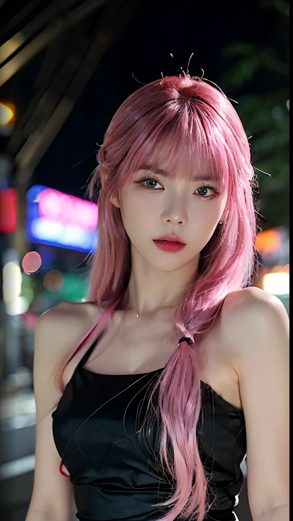 ((Best Quality, 8K, Masterpiece: 1.3)), Sharp: 1.2, (((night, street, night street, neon lights, Tokyo, Japan))), (((detailed and beautiful face))), ((potrait)),
slender face, y face, beautiful details eyes, 19years old korean, pretty, ((long hair)), ((bangs)), (((pink hair))), medium bre((black party clot)