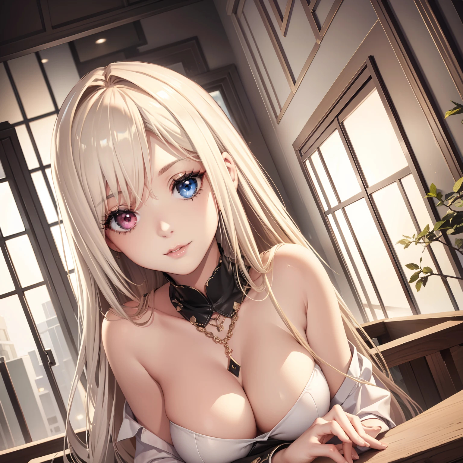 Beautiful adult woman, straight  light       
 blonde hair, middle heterochromia,               mysterious, sexy, exotic, power