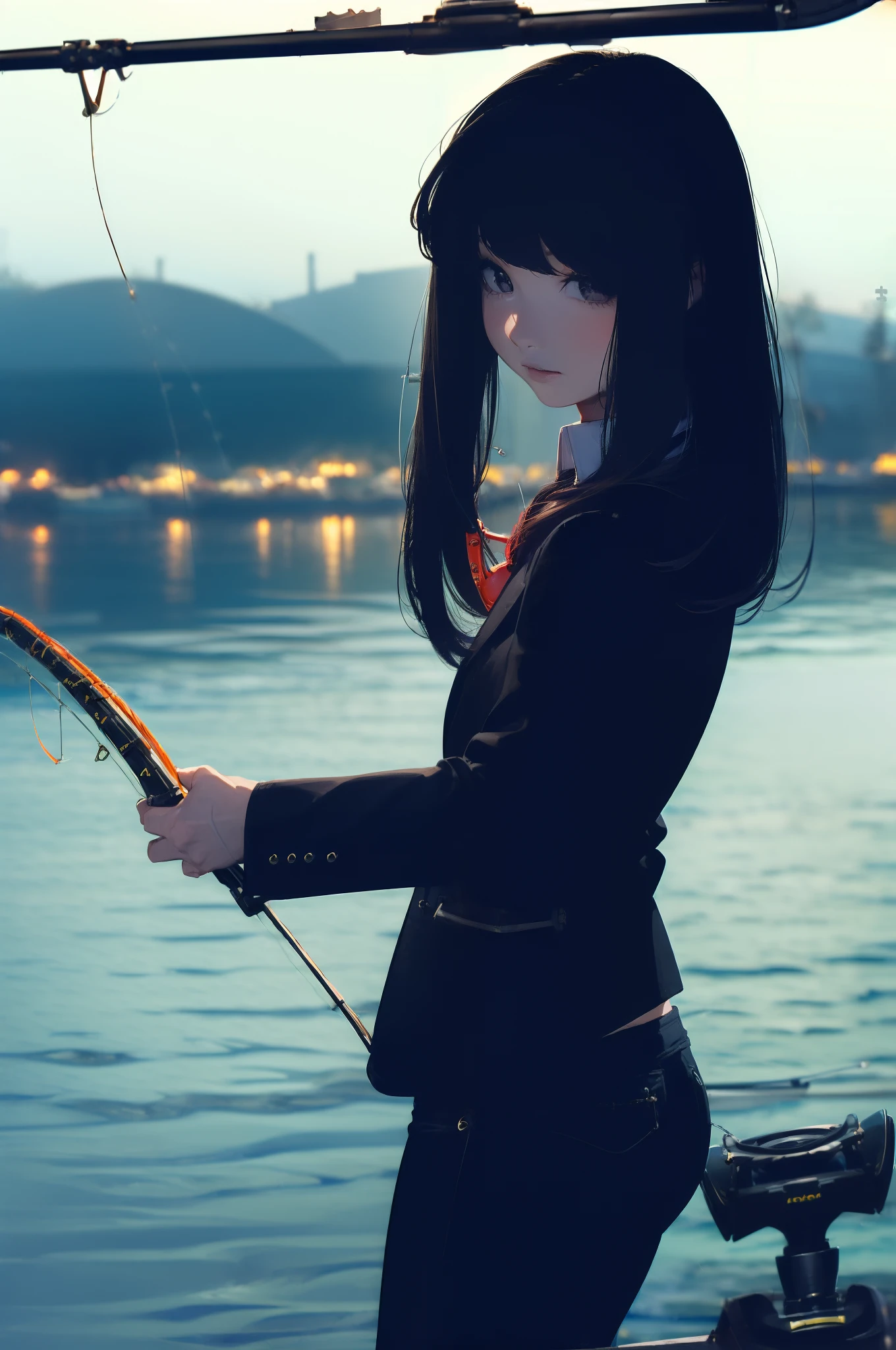 ((((having a fishing rod with a reel by the lakeside:1.5)))),((Female 28 years old)),((Best Quality:1.5)),(((Hands with the correct number and structure of fingers:1.4))),((Big fish:1.37)),hight resolution,ultra-detailliert,​masterpiece,best qualtiy,(Eight-headed body),Black hair, long eyes-lashes, Solid Circle Eyes, drop shadow, Atmospheric perspective,Super Detail, ccurate, small brest,(Black jacket and black jeans :1.1),top-quality, blurry backround, bokeh dof:1.2, (​masterpiece:1.3), Atmospheric perspective,Super Detail,dynamic compositions,