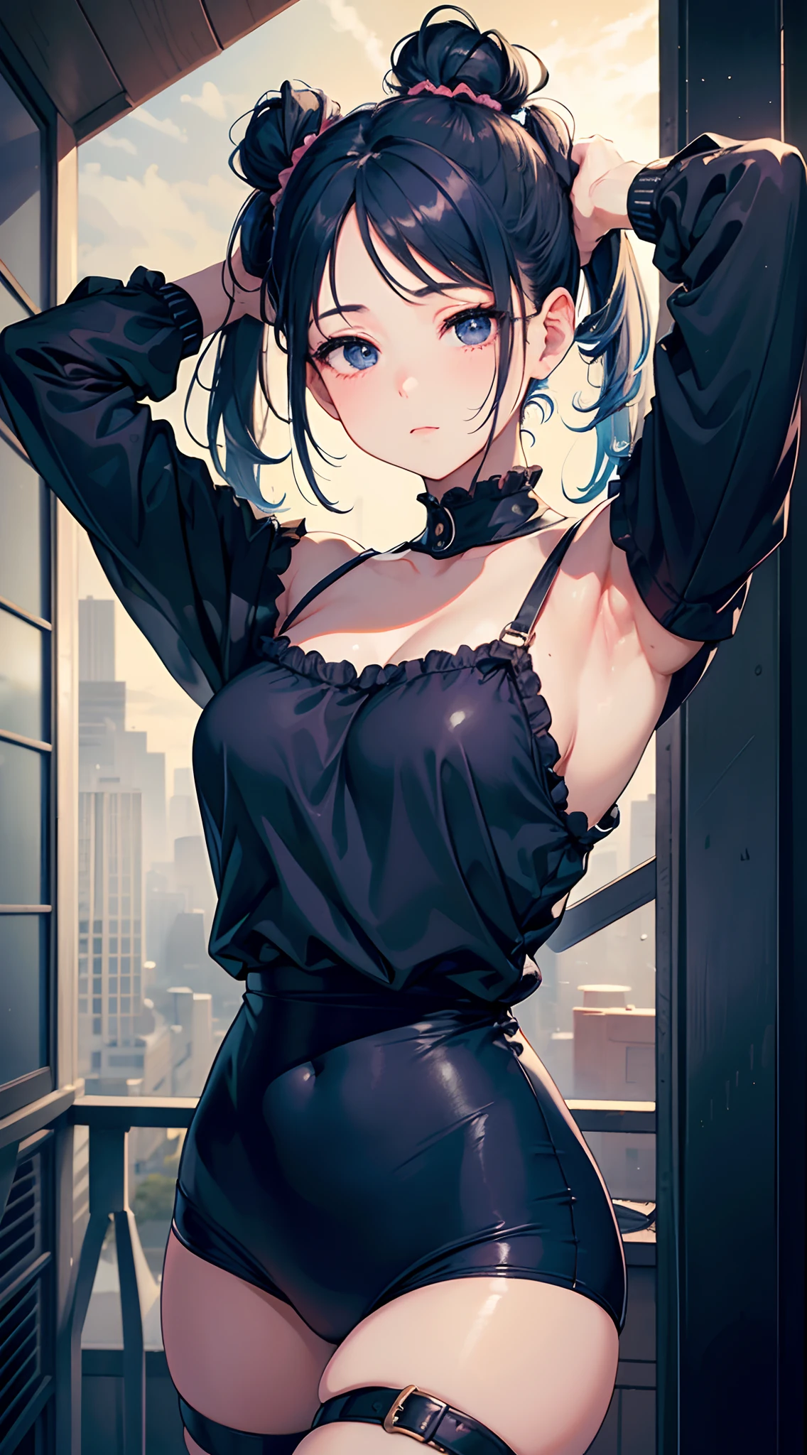 (masterpiece), best quality, expressive eyes, perfect face, navy blue hair, pigtails hairstyle, black eyes, eyes detail, soft skin, cute face, happy facial features, beautiful girl, high quality, high resolution, , long medium shot, sleepy eyes, one-piece outfit, lots of detail,