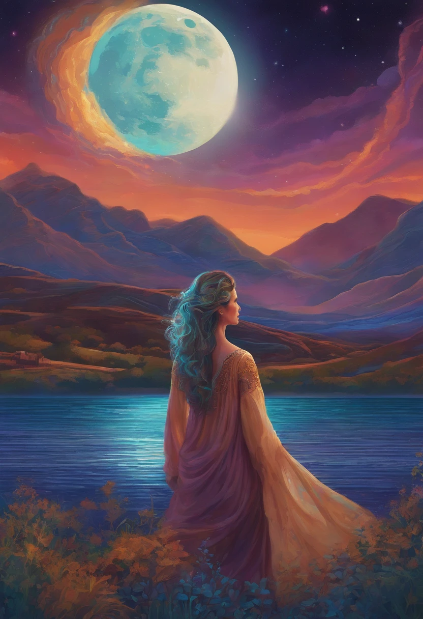 An extremely psychedelic portrait of a healer, surreal, ???, rosto, circunstanciado, intrincado, elegante, agile, altamente detalhado, pintura digital, Art Station, arte conceitual, liso, foco nítido, 插Pixel art of a huge moon rising in the calm sea, bela arte detalhada do pixel, pixel detalhado,menina observando uma cidade de uma ponte,arte em pixel fina