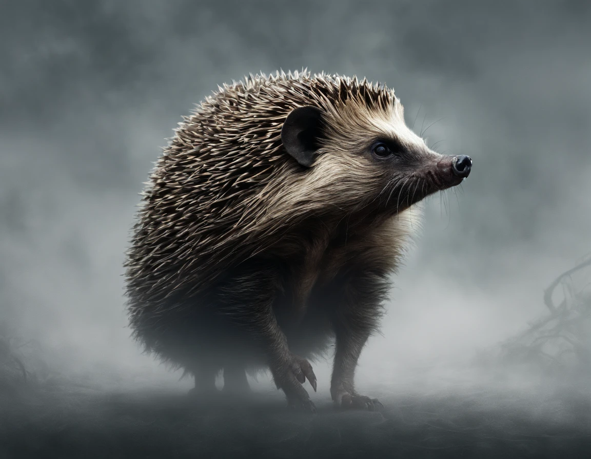 hedgehog in the (fog:1.6) walks on its hind legs, side view,(vivid colors:1.2)