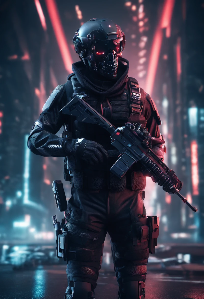 Skull-faced policeman wearing balacrava, bright burning eyes, holding super crafted weapons m4, WEAPON M4 AR, super realistic weapons, super detailed weapon, original weaponry, official weaponry, assault rifle weaponry with all realistic details, burning penitentiary background, ultra-detailed background, Biomechanics, strange, scary, Nightmare, very bright colors, light particles, with bright light, Mshiff, Wallpaper art, hard line, ultra line, bold line, Wallpaper UHD, fluorescent image, no double face, no error.
