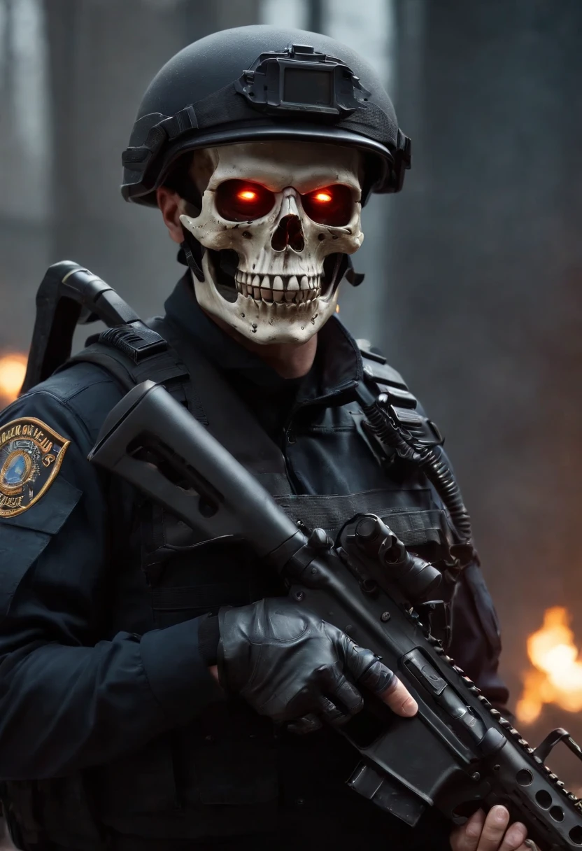 Skull-faced policeman wearing balacrava, bright burning eyes, holding super crafted weapons, super realistic weapons, super detailed weapon, original weaponry, official weaponry, assault rifle weaponry with all realistic details, burning penitentiary background, ultra-detailed background, Biomechanics, strange, scary, Nightmare, very bright colors, light particles, with bright light, Mshiff, Wallpaper art, hard line, ultra line, bold line, Wallpaper UHD, fluorescent image, no double face, no error.