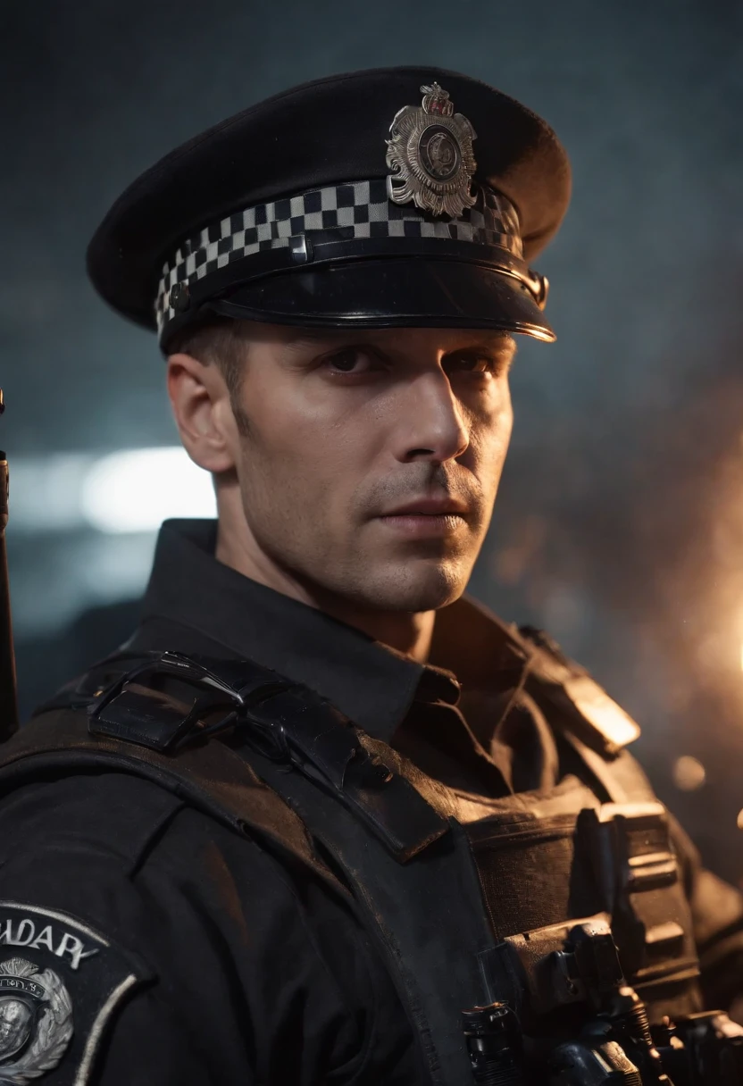Skull-faced policeman wearing balacrava, bright burning eyes, holding super crafted weapons, super realistic weapons, super detailed weapon, original weaponry, official weaponry, assault rifle weaponry with all realistic details, burning penitentiary background, ultra-detailed background, Biomechanics, strange, scary, Nightmare, very bright colors, light particles, with bright light, Mshiff, Wallpaper art, hard line, ultra line, bold line, Wallpaper UHD, fluorescent image, no double face, no error.