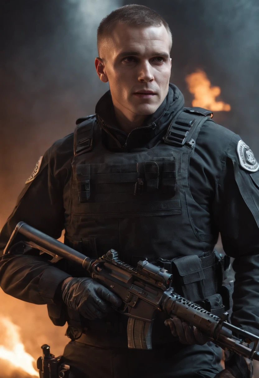Skull-faced policeman wearing balacrava, bright burning eyes, holding super crafted weapons, super realistic weapons, super detailed weapon, original weaponry, official weaponry, ault rifle weaponry with all realistic details, burning penitentiary background, ultra-detailed background, Biomechanics, strange, scary, Nightmare, very bright colors, light particles, with bright light, Mshiff, Wallpaper art, hard line, ultra line, bold line, Wallpaper UHD, fluorescent image, no double face, no error.
