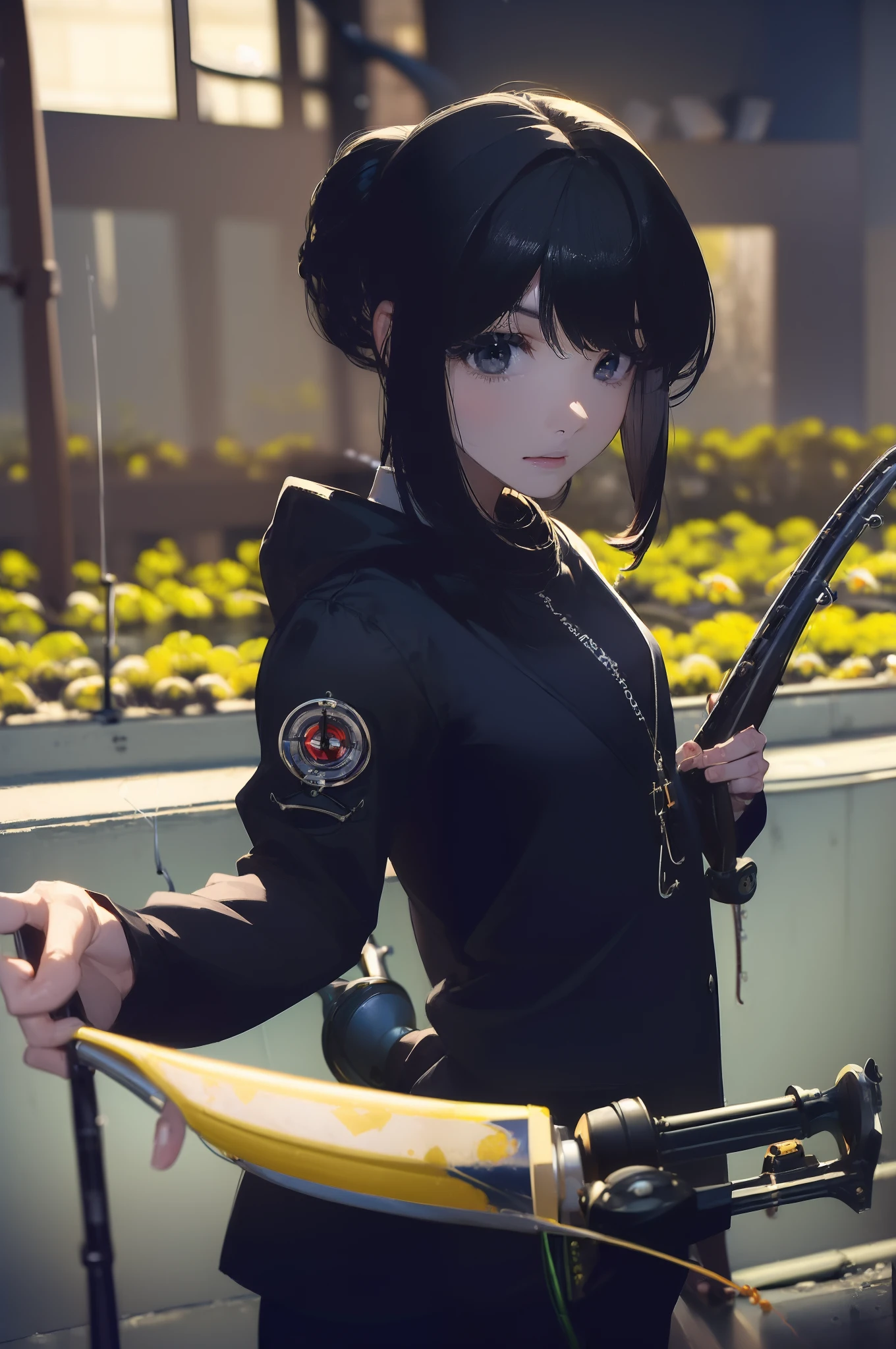 ((((having a fishing rod with a reel by the lakeside:1.5)))),((Female 28 years old)),((Best Quality:1.5)),(((Hands with the correct number and structure of fingers:1.4))),((Big fish:1.37)),hight resolution,ultra-detailliert,​masterpiece,best qualtiy,(Eight-headed body),Black hair, long eyes-lashes, Solid Circle Eyes, drop shadow, Atmospheric perspective,Super Detail, ccurate, small brest,(Black jacket and black jeans :1.1),top-quality, blurry backround, bokeh dof:1.2, (​masterpiece:1.3), Atmospheric perspective,Super Detail,dynamic compositions,