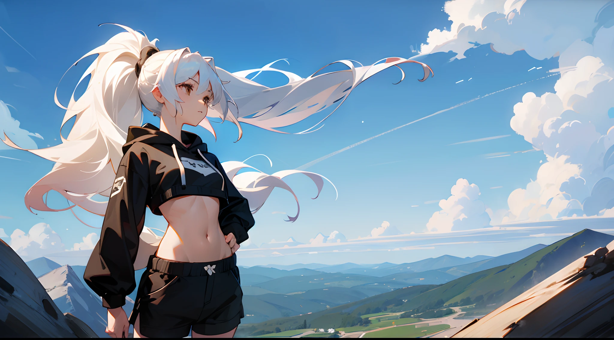 Woman with white hair , long hair , hair in a ponytail, brown eyes , large chest , Standing on top of a high mountain, blue sky , fluffy clouds , wind blowing , wearing a crop top hoodie , and black shorts