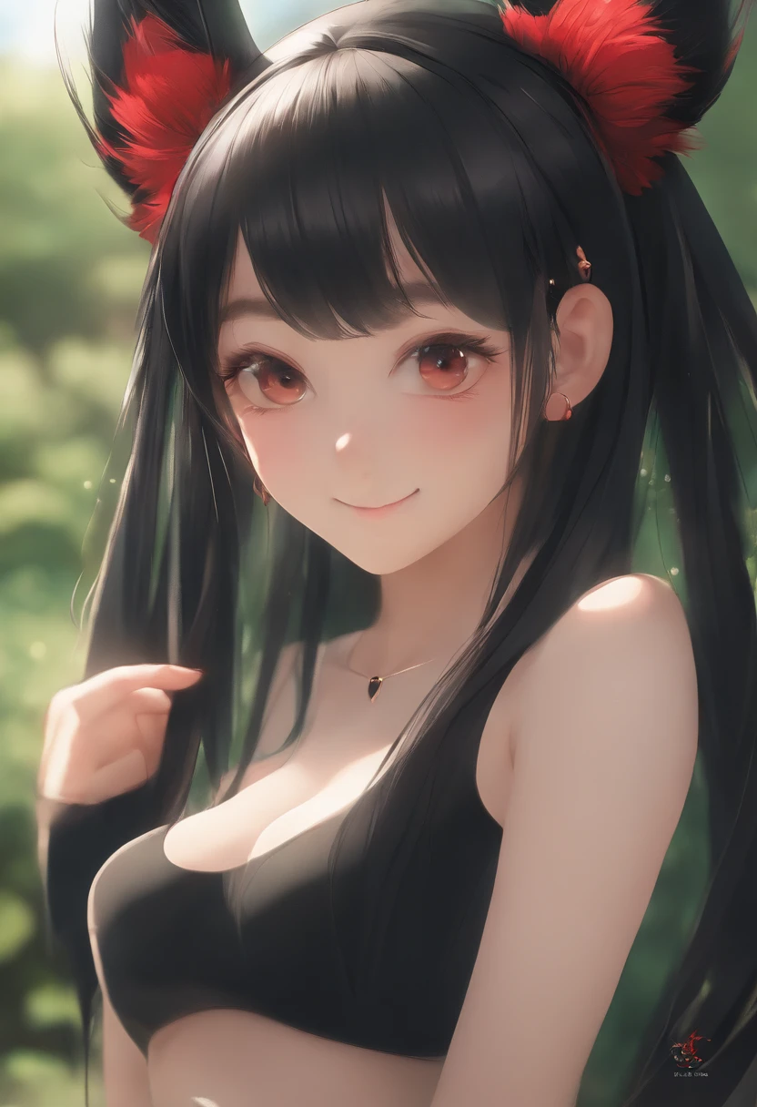 black hair, hair bobbles, wince, longeyelashes, solid circle eyes, fake animal ears, light smile, ear blush, fang, Surrealism, drop shadow, anaglyph, stereogram, tachi-e, pov, atmospheric perspective, 8k, super detail, ccurate, best quality and naked