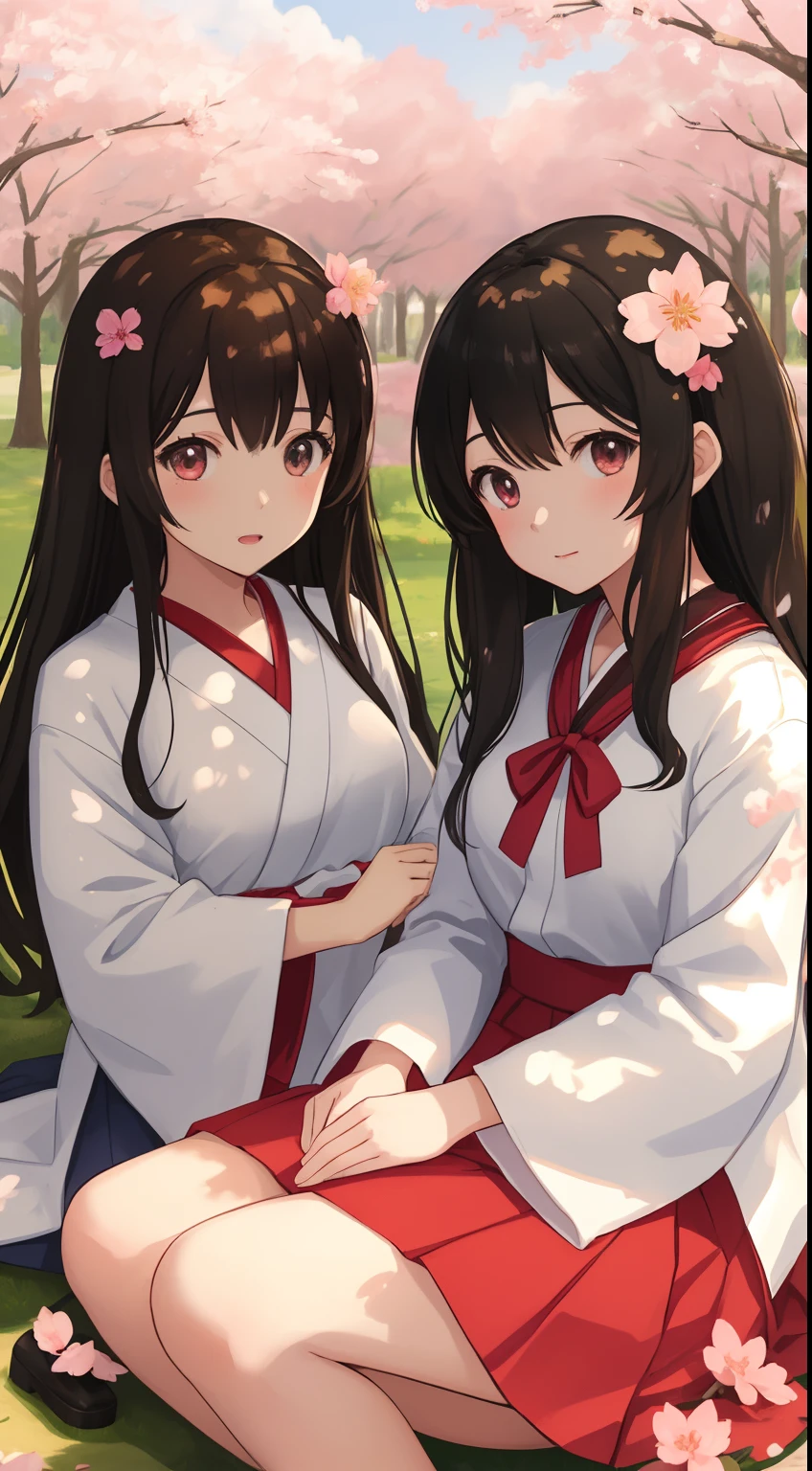 (art: anime), two girls, (Oppai), brown or black hair, natural eyes, pretty girl, high quality, puffy face, Japanese uniform, background depth of field, girls lying in a flowery park with sakura trees , sakura petals falling on them