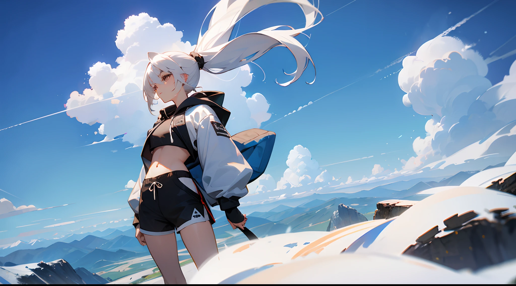 Woman with white hair , long hair , hair in a ponytail, brown eyes , large chest , Standing on top of a high mountain, blue sky , fluffy clouds , wind blowing , wearing a crop top hoodie , and black shorts