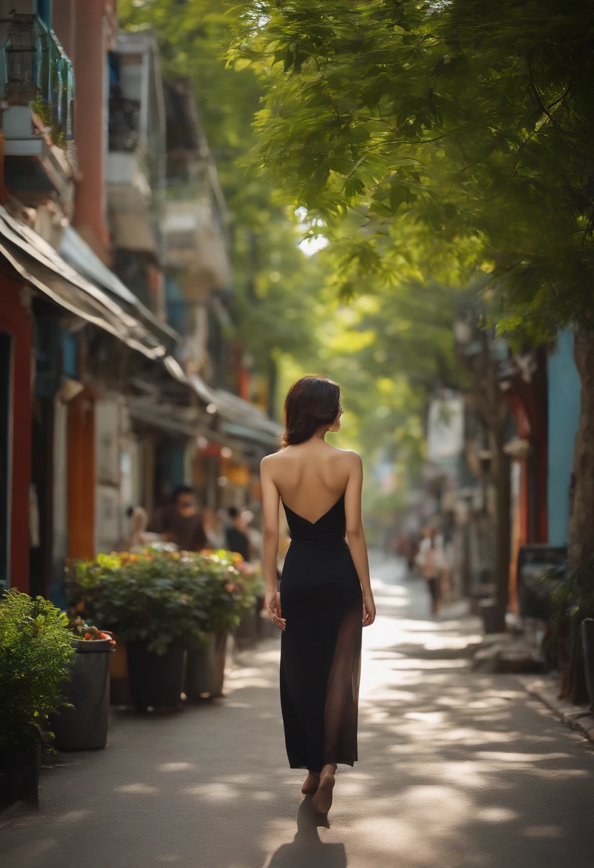 Beautuful Women、barechested、A slender、back turned、asian female、bobhair、A dark-haired、dressed casually、In the street、Bright background、tree-lined street