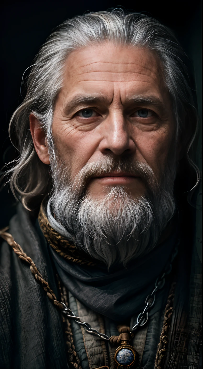 A portrait of a wizard, bearded, wrinkled, weathered, with piercing eyes, detailed face, high details, photography, dark studio, rim light, Nikon D850, 50mm, f/1.4