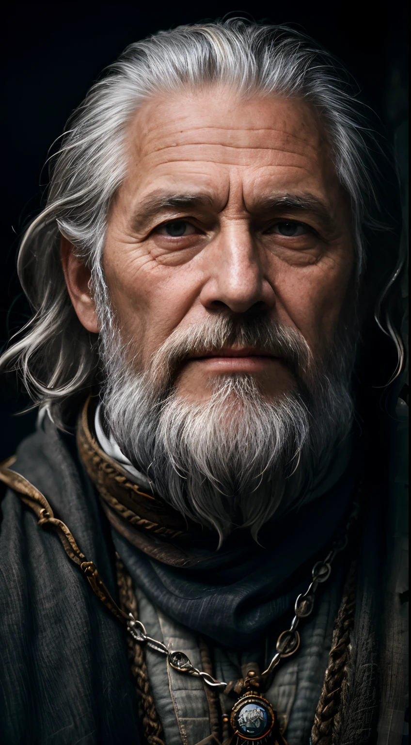 A portrait of a wizard, bearded, wrinkled, weathered, with piercing eyes, detailed face, high details, photography, dark studio, rim light, Nikon D850, 50mm, f/1.4