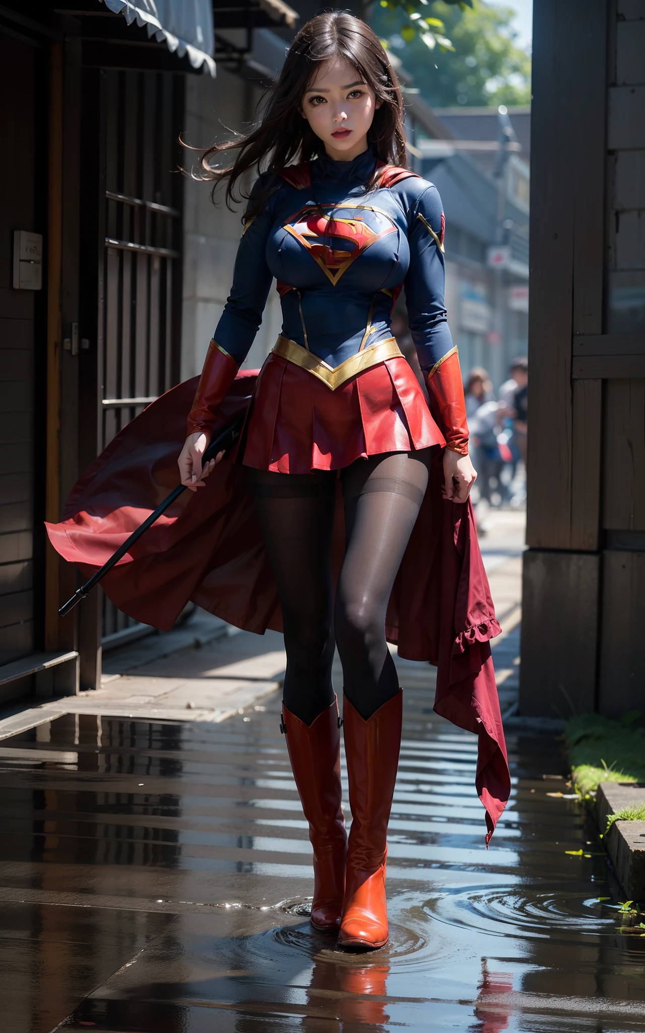 (((Make the most of the original image)))、(((Supergirl Costume)))、(((lustrous dark hair)))、(((Suffering)))、(((Feet must necessarily be worn with black tights)))、(((You need to wear red boots)))、((Top image quality、8K))、((top-quality、8K、masterpiece:1.3))、Crisp focus:1.2、Beautiful woman with perfect body shape:1.4、Slender Abs:1.2、((layers-Cut、large boob:1.2))、a wet body:1.5、Highly detailed facial and skin texture、