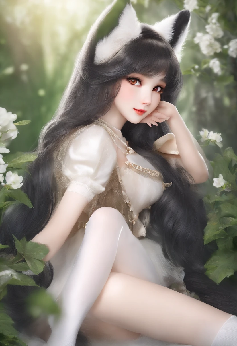 fox ear,white stockings,without wearing shoes,adolable,Green eyes,High picture quality,Exquisite facial features,ssmile,Superb image quality,super high image quality