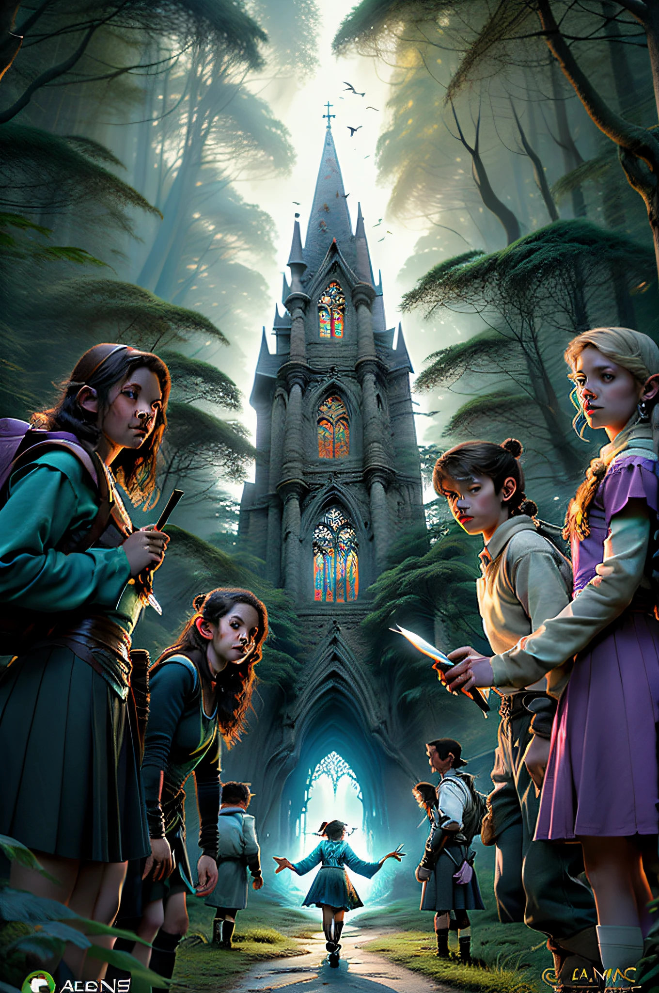Portrait of a group of young people in high school uniforms exploring a magical forest, Young people are hybrids of magical creatures.title: "Academia Arcane: The Boarding School of Magical Creatures" 1. The protagonist is a young fairy named Lila, que sempre foi curiosa sobre o mundo humano e anseia por descobrir seus segredos. Ao ingressar na Academia Arcane, Lila befriends a diverse group of non-human students, each with unique magical abilities. 2. During a class on the Magic Forest, Lila e seus amigos encontram um portal escondido, taking them to an unknown part of the magical world. There, They discover an ancient prophecy that says only they can save the kingdom from a great threat. 3. O romance se desenvolve entre Lila e um jovem lobisomem chamado Ethan. No entanto, suas diferentes origens criam um conflito entre eles, for many believe that the union between fairies and werewolves is forbidden. 4. Durante as aulas, Students learn to control and hone their specific magical skills. Ademais, They also have lessons on how to adapt to the human world and blend in with humans without revealing their true identity. 5. The competition between the different races is fierce, levando a intrigas e rivalidades entre os alunos. A group of orc students try to sabotage the other races