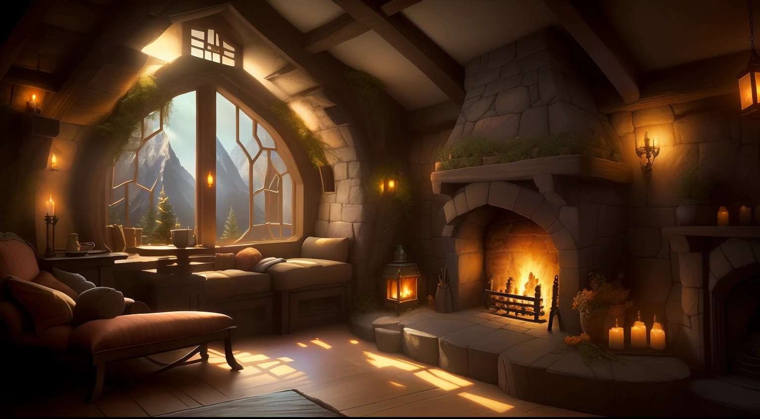 there is a fireplace in a room with a lot of windows, cosy enchanted scene, in his hobbit home, interior of a hobbit hole, cozy environment, cozy place, warm beautiful scene, atmospheric fantasy setting, warm fantasy lighting, relaxing concept art, in fantasy tavern near fireplace, cozy wallpaper, magical environment, beautiful render of a fairytale, by Arthur Pan, elven architecture