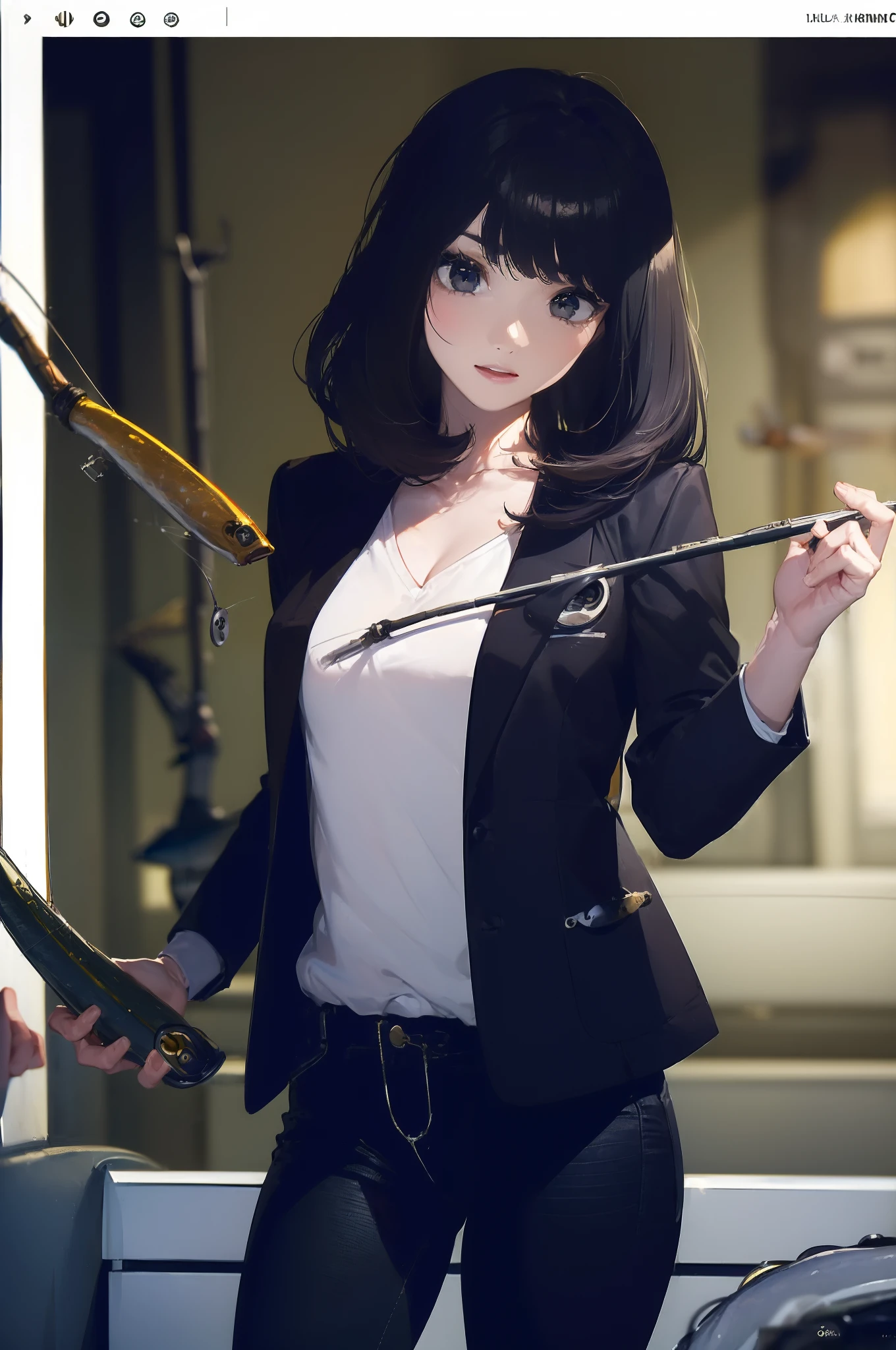 ((((having a fishing rod with a reel by the lakeside:1.5)))),((Female 28 years old)),((Best Quality:1.5)),(((Hands with the correct number and structure of fingers:1.4))),((Big fish:1.37)),hight resolution,ultra-detailliert,masterpiece,best qualtiy,(Eight-headed body),Black hair, long eyes-lashes, Solid Circle Eyes, drop shadow, Atmospheric perspective,Super Detail, ccurate, small brest,(Black jacket and black jeans :1.1),top-quality, blurry backround, bokeh dof:1.2, (masterpiece:1.3), Atmospheric perspective,Super Detail,dynamic compositions,