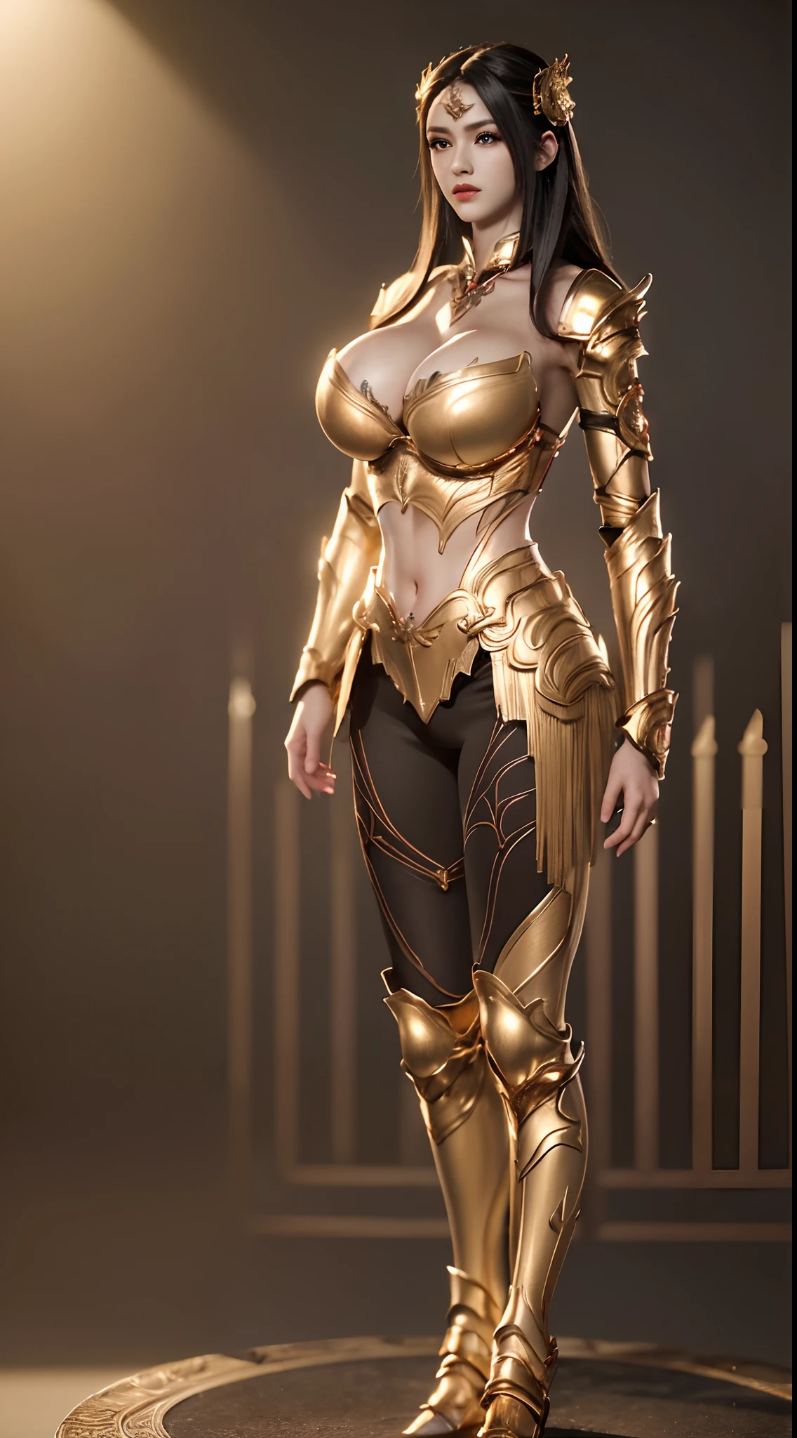 Solo, 1 Beautiful Female, Wuxia World, head ornament, (1 Girl), (full figure:1.5), (Full red golden Armor:1.4), (leggings:1.3), (standing:1.9), (huge fake breasts, round breasts:1.5), (muscle abs:1.2), (black hair:1.5), (big buttock:1.1), (shiny skin:1.1), Chinese Immortal Wuxia, Lips, (jealous), Intellectual, Delicate Face, Masterpiece, Best Quality, High Quality, High Definition, High Quality Texture, High Quality Shadows, High Detail, Cinematic Light, Side Lighting, Ray Tracing, Sharp Focus, Realistic, Edge Light, (Detailed Skin Details: 1.2), 8k uhd, SLR, (soft light, high quality, high resolution:1.7), (very detailed CG unity 8k wallpaper)