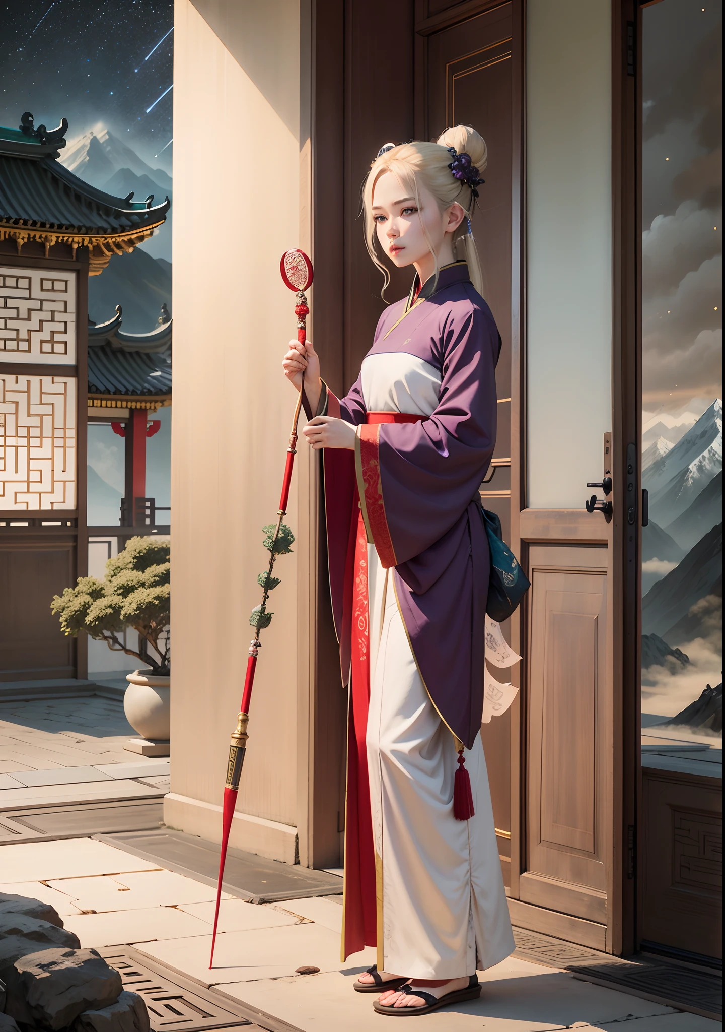 A blonde girl with purple eyes，Dressed in Hanfu，A bun is combed on his head，Wear a jade hairpin，holding a staff，Magic is being used to fight under the stars，At her feet are the Immortal Mountains and the Taoist Temple