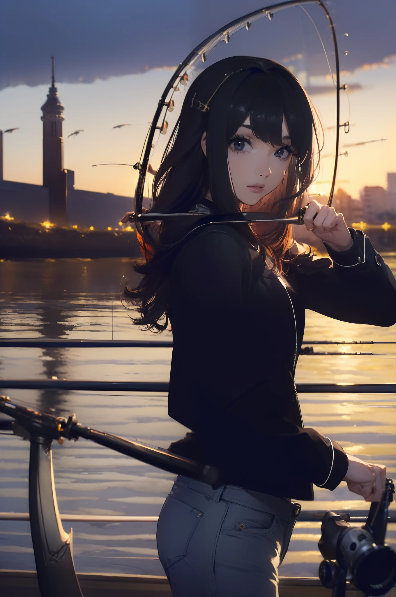 ((((having a fishing rod with a reel by the lakeside:1.5)))),((Female 28 years old)),((Best Quality:1.5)),(((Hands with the correct number and structure of fingers:1.4))),((Big fish:1.37)),hight resolution,ultra-detailliert,​masterpiece,best qualtiy,(Eight-headed body),Black hair, long eyes-lashes, Solid Circle Eyes, drop shadow, Atmospheric perspective,Super Detail, ccurate, small brest,(Black jacket and black jeans :1.1),top-quality, blurry backround, bokeh dof:1.2, (​masterpiece:1.3), Atmospheric perspective,Super Detail,dynamic compositions,