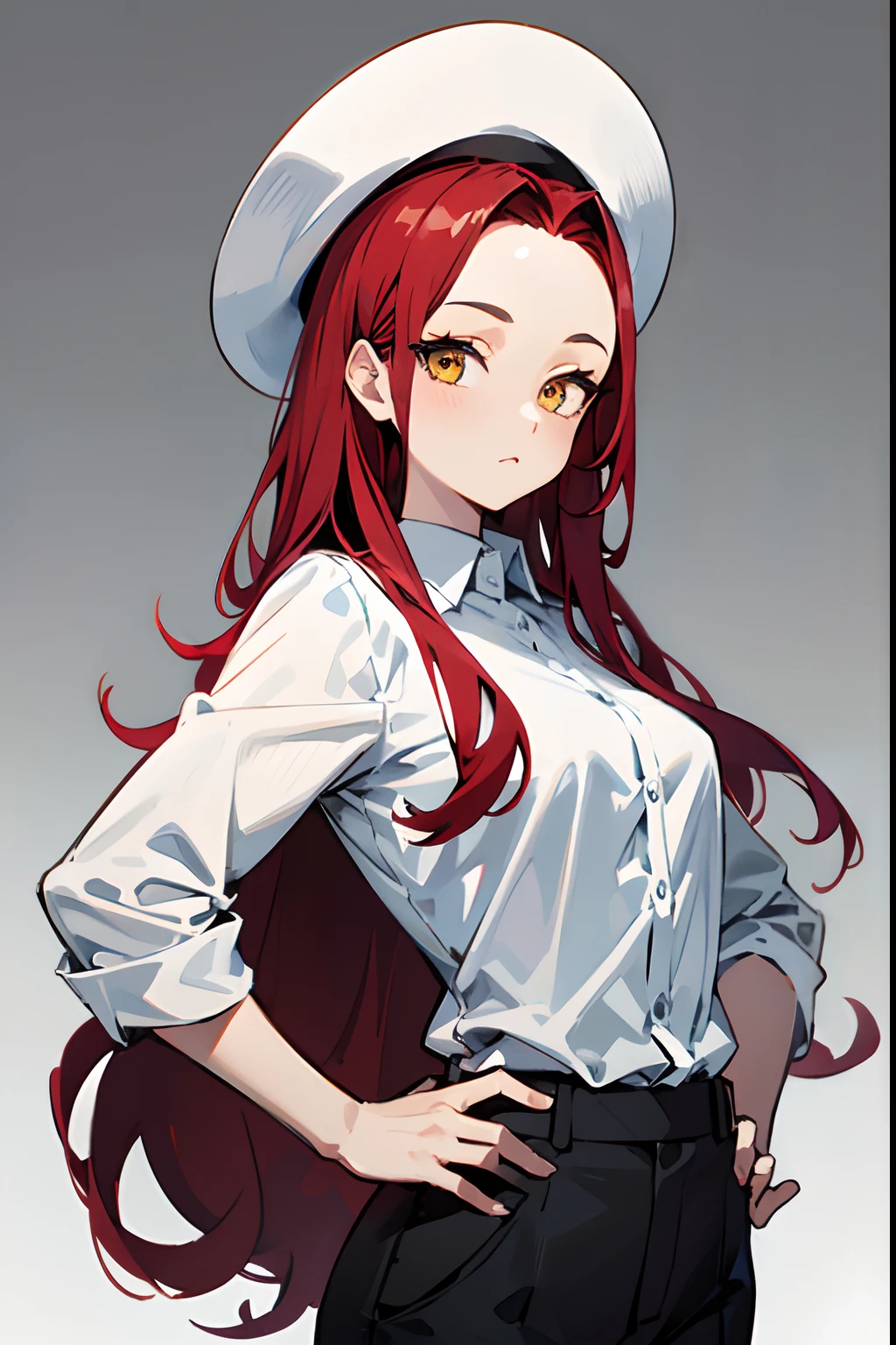 masterpiece, best quality, 4k, (in the style of Arcane), 1girl, solo, looking at viewer, scarlet red hair, ((long hair, forehead)), yellow eyes, mediumbreasts, neutral, sunhat, hands on hips, black cropped jacket, white shirt, button shirt, suit pants, black pants, white background, simple background, transparent background, standing, upper body, portrait