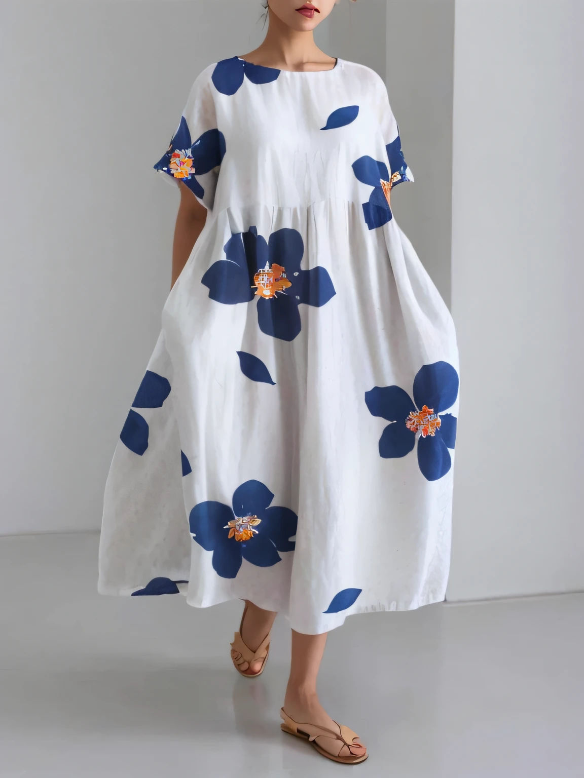 uma mulher em um vestido branco com flores azuis sobre ele, vestido floral art novuea, Vestido Floral Art Nouveau, swirly flower dress, vestido flor, Flowing dress, usando um longo vestido florido, senhora com vestido de flores brilhantes, Wearing a flowing dress, vestindo chiton floral, vestido florido, vestido com um vestido de flor, wearing a flowing sundress