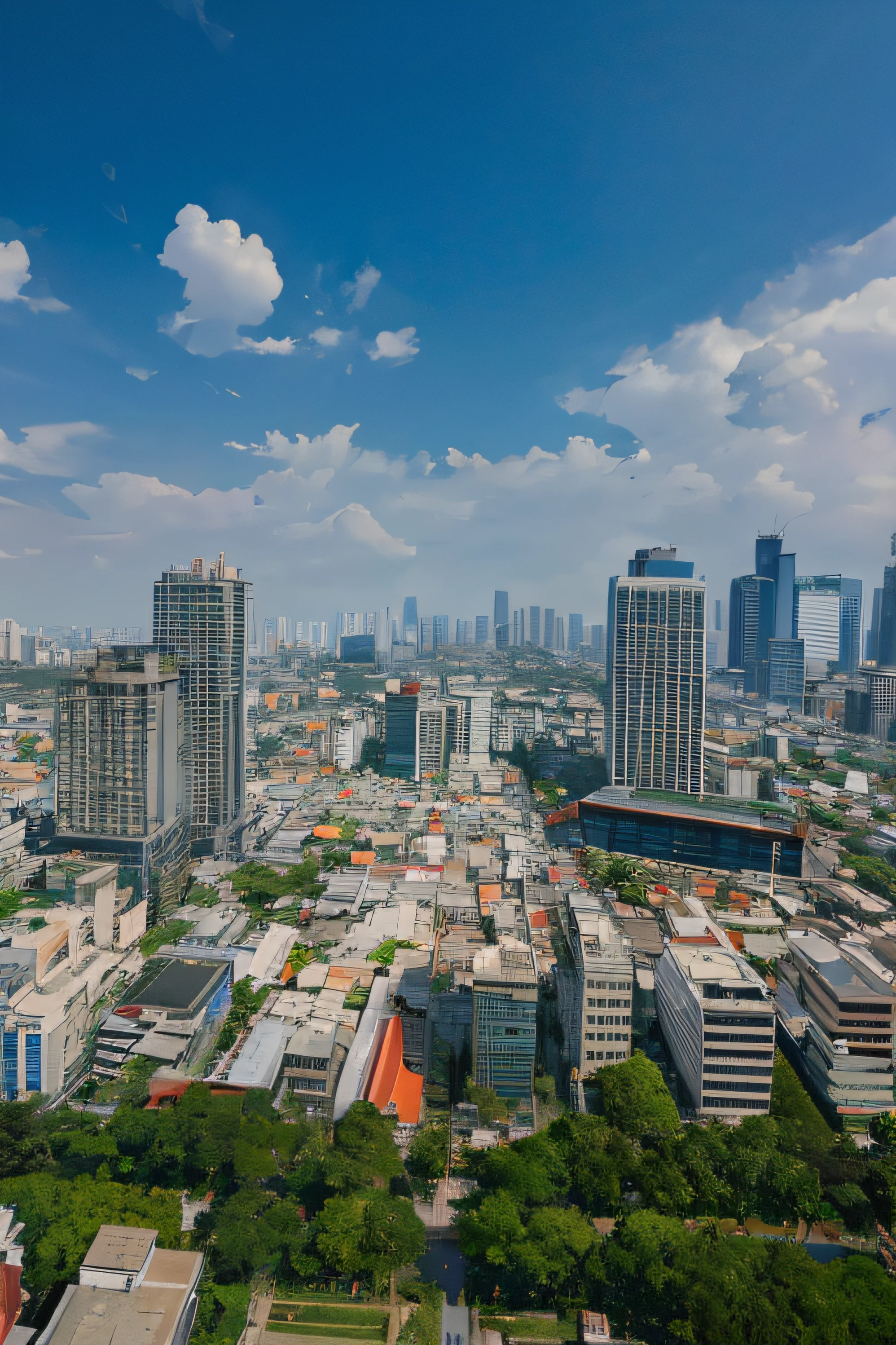 arafficial view of a city with tall buildings and a few trees, south jakarta, jakarta, super wide view of a cityscape, busy city on background, busy cityscape, skyline view from a rooftop, day cityscape, indonesia, colombo sri lanka cityscape, highrise business district, city view, view over city, drone view of a city, above view, city landscape